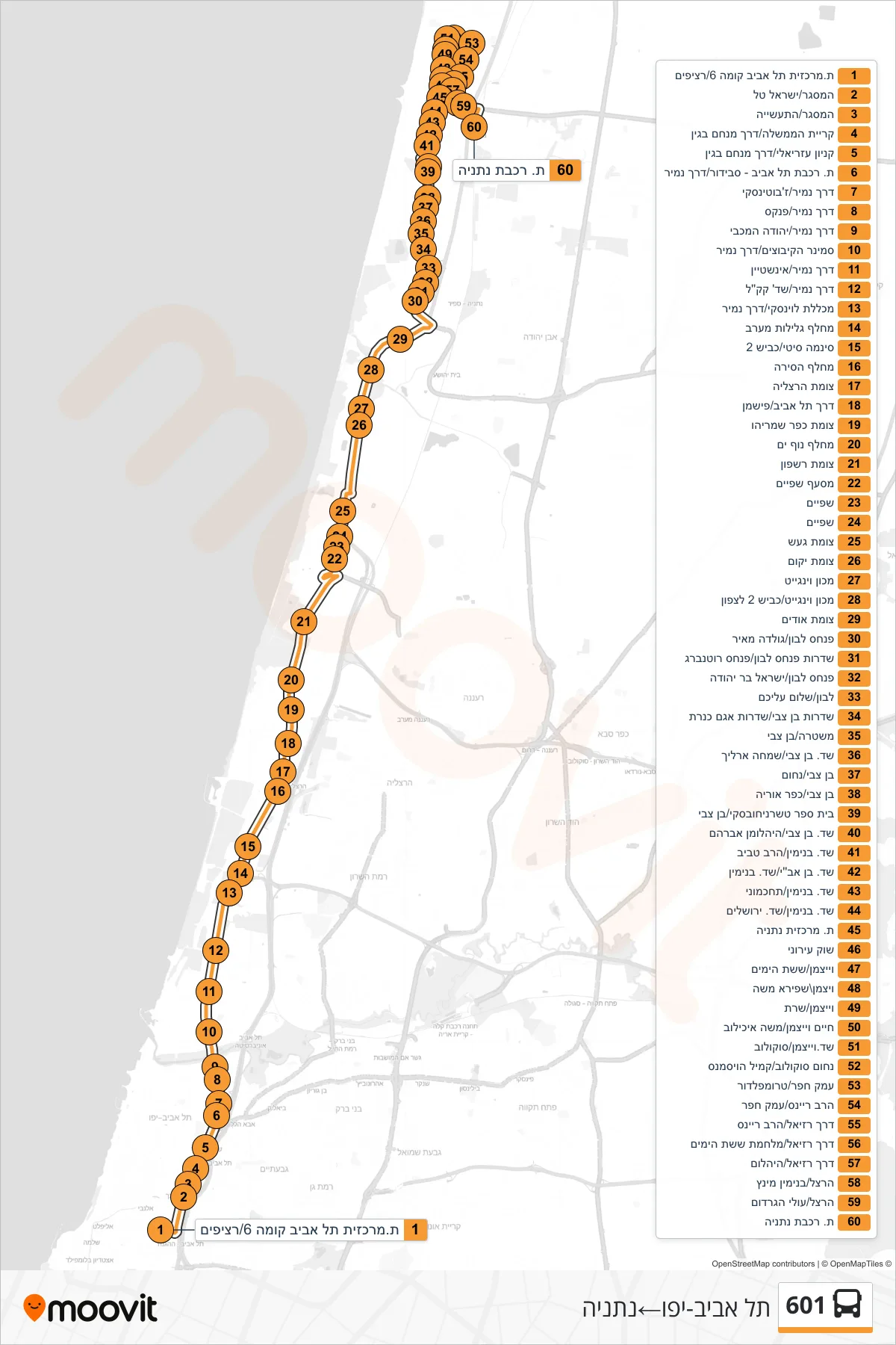 601 bus Line (Tel Aviv-Yafo‎→Netanya) route and stops on a map