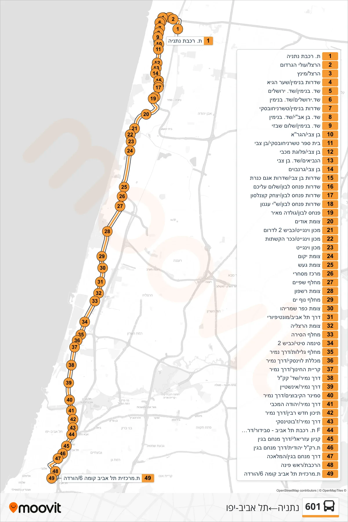 601 bus Line (Netanya‎→Tel Aviv-Yafo) route and stops on a map