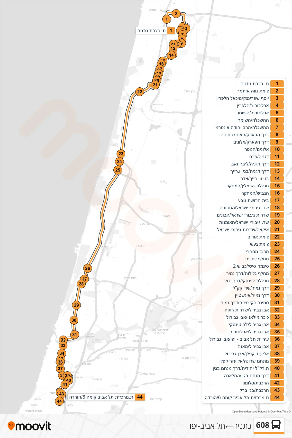 608 bus Line (Netanya‎→Tel Aviv-Yafo) route and stops on a map