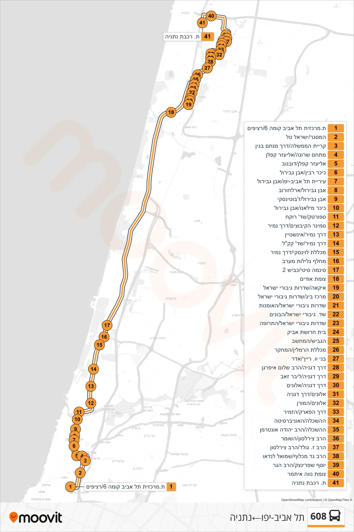 608 bus Line (Tel Aviv-Yafo‎→Netanya) route and stops on a map