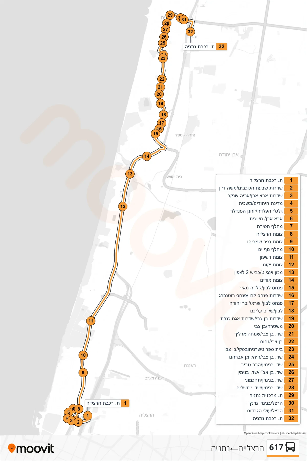 617 bus Line (Herzliya‎→Netanya) route and stops on a map