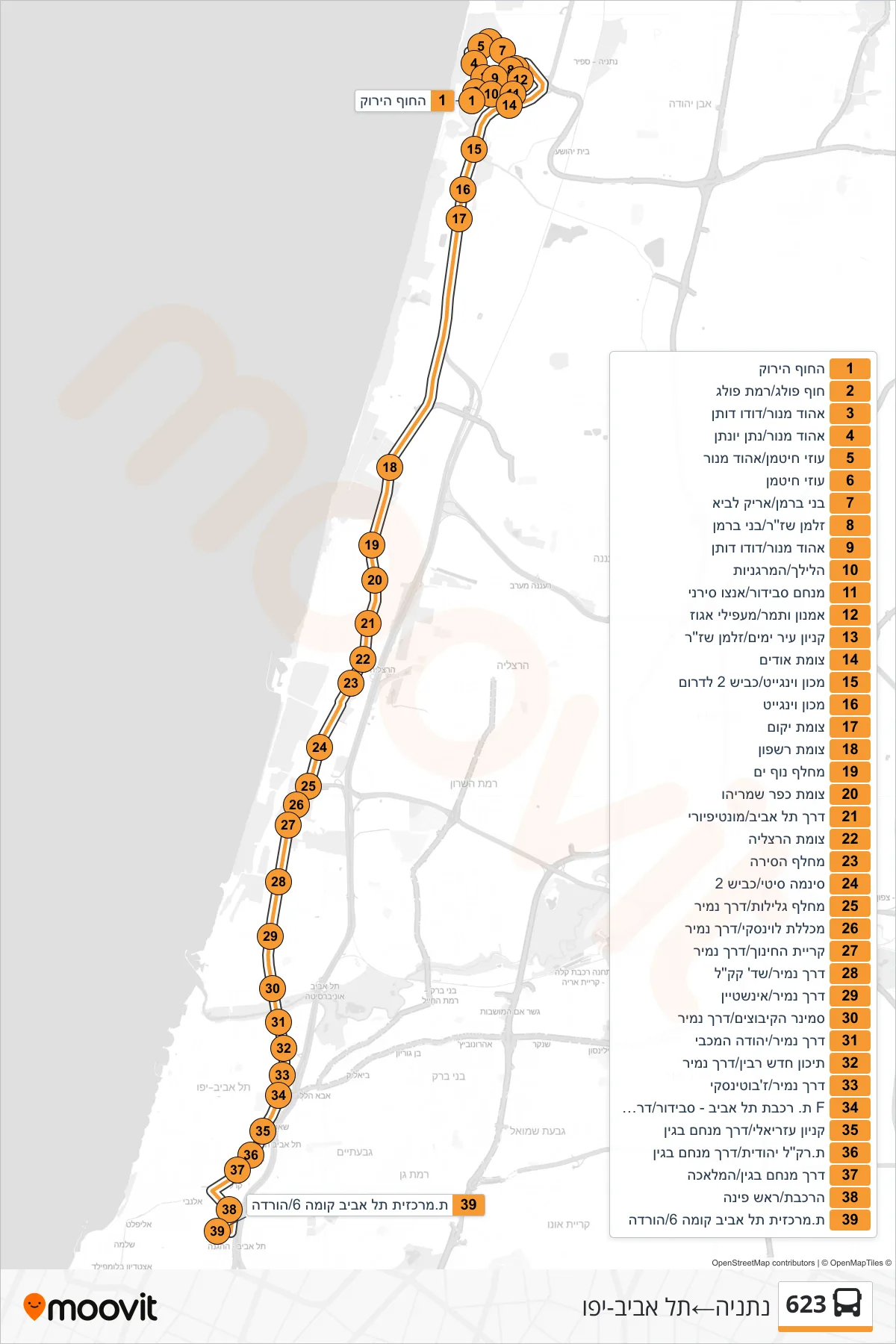 623 bus Line (Netanya‎→Tel Aviv-Yafo) route and stops on a map