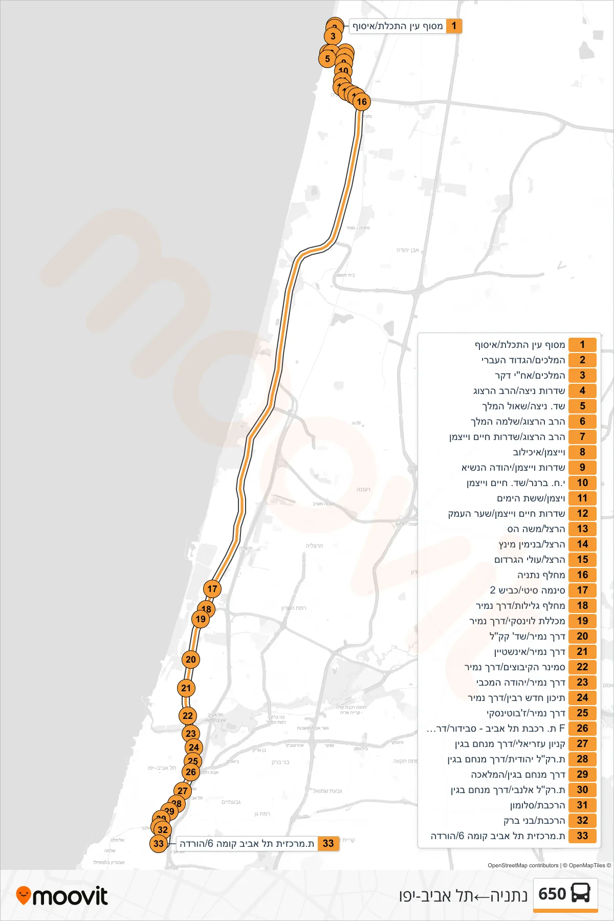 650 bus Line (Netanya→Tel Aviv-Yafo) route and stops on a map