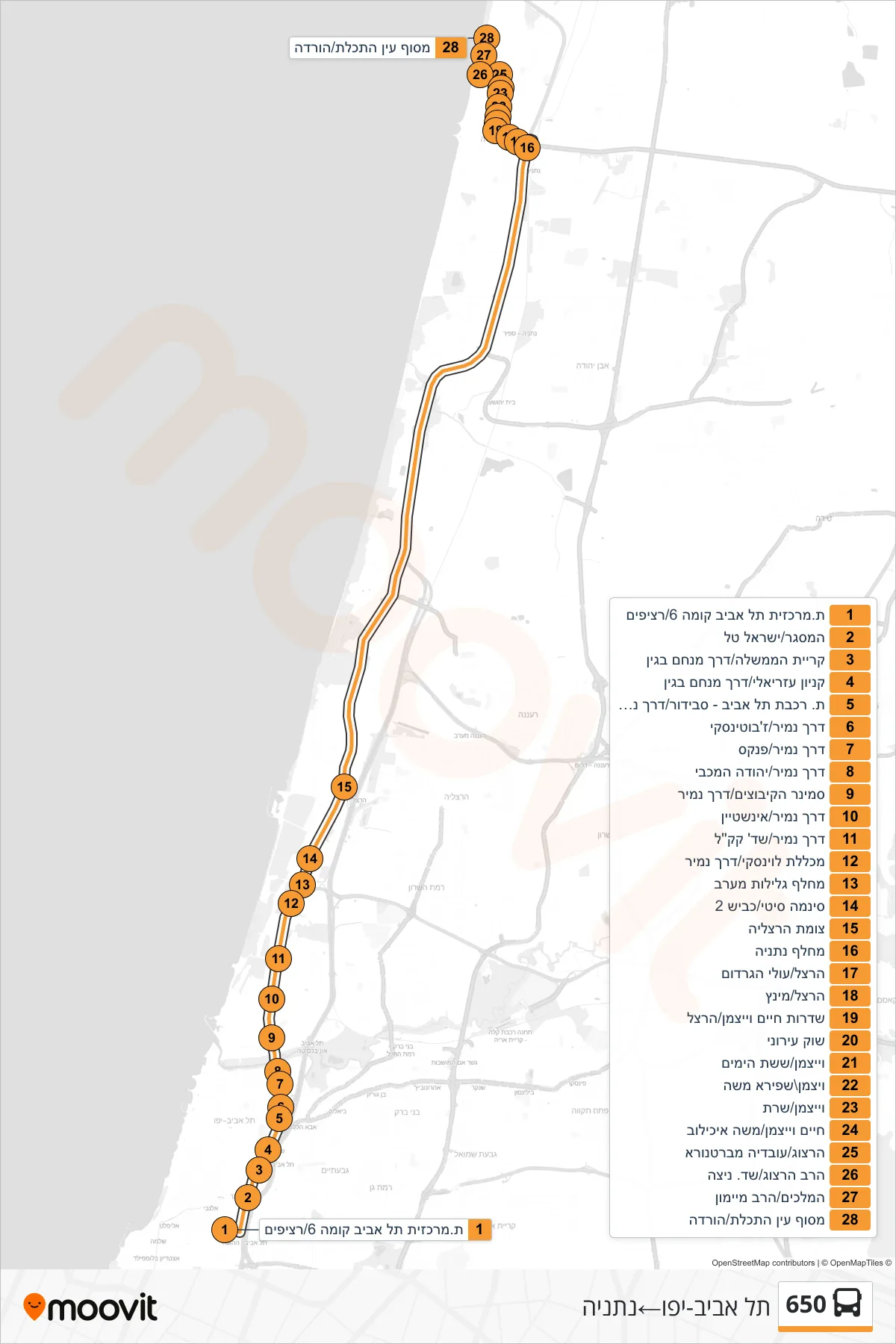 650 bus Line (Tel Aviv-Yafo‎→Netanya) route and stops on a map