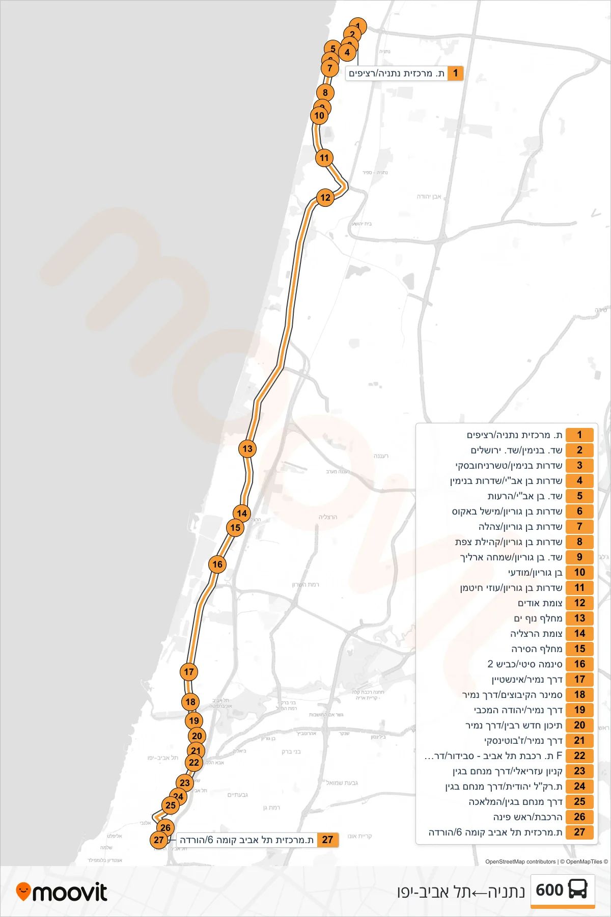600 bus Line (Netanya→Tel Aviv-Yafo) route and stops on a map