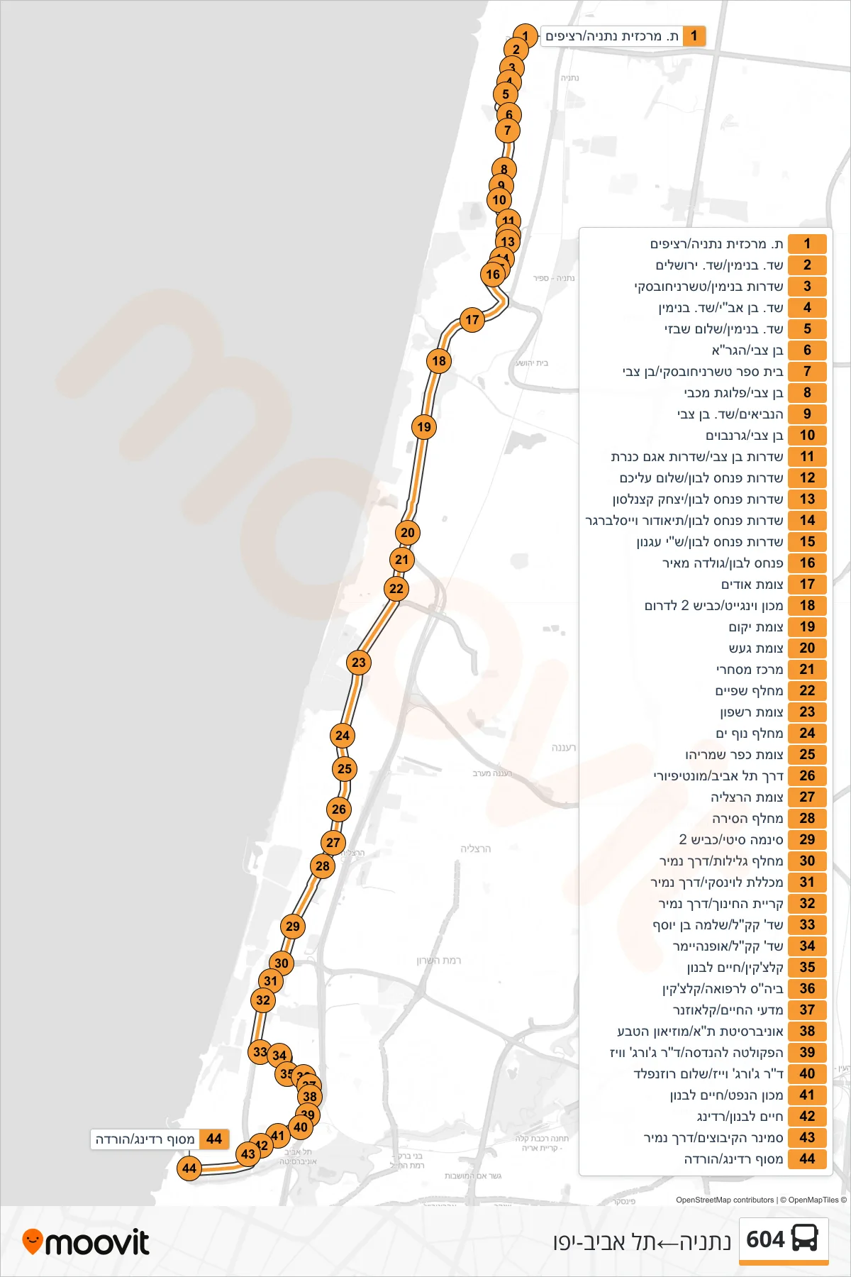 604  Line (Netanya‎→Tel Aviv-Yafo) route and stops on a map
