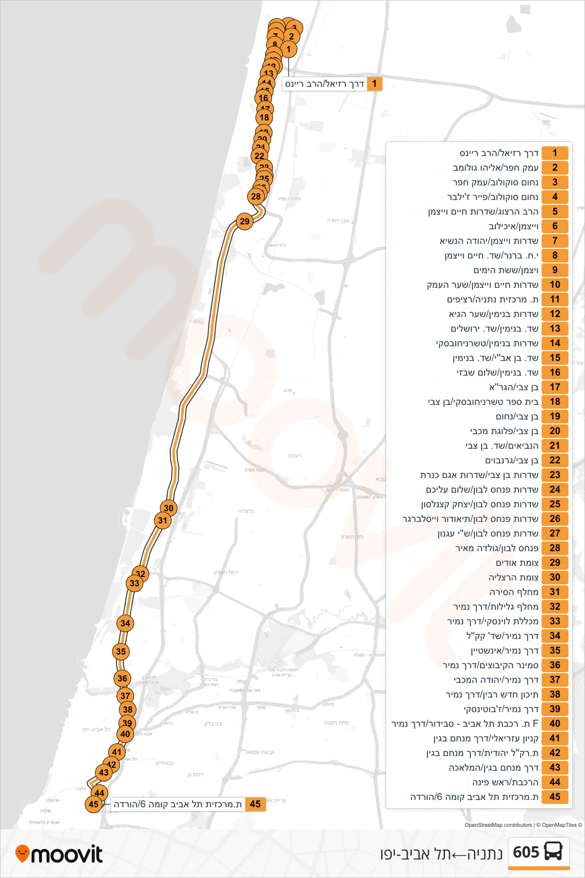 605 bus Line (Netanya→Tel Aviv-Yafo) route and stops on a map