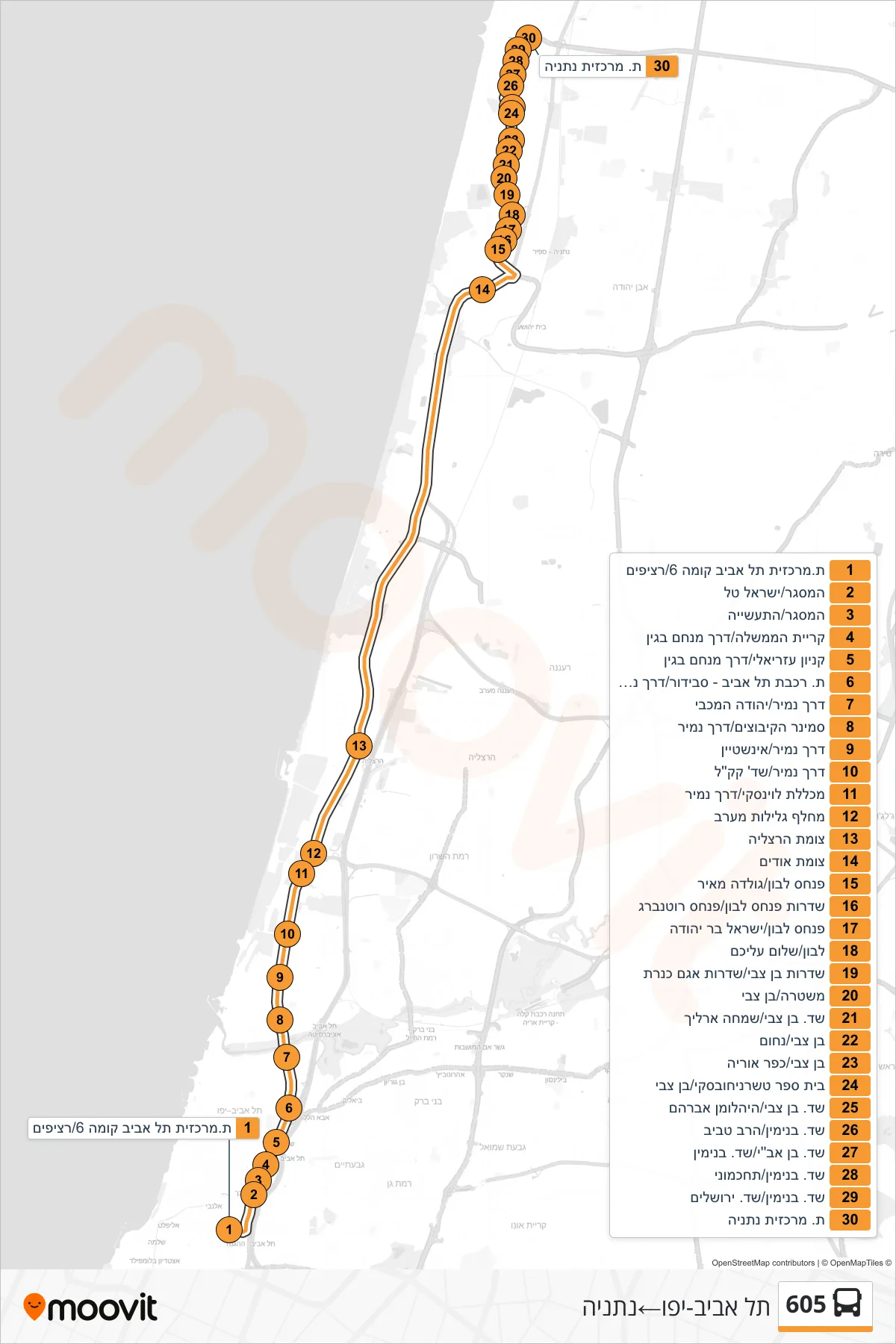 605 bus Line (Tel Aviv-Yafo‎→Netanya) route and stops on a map