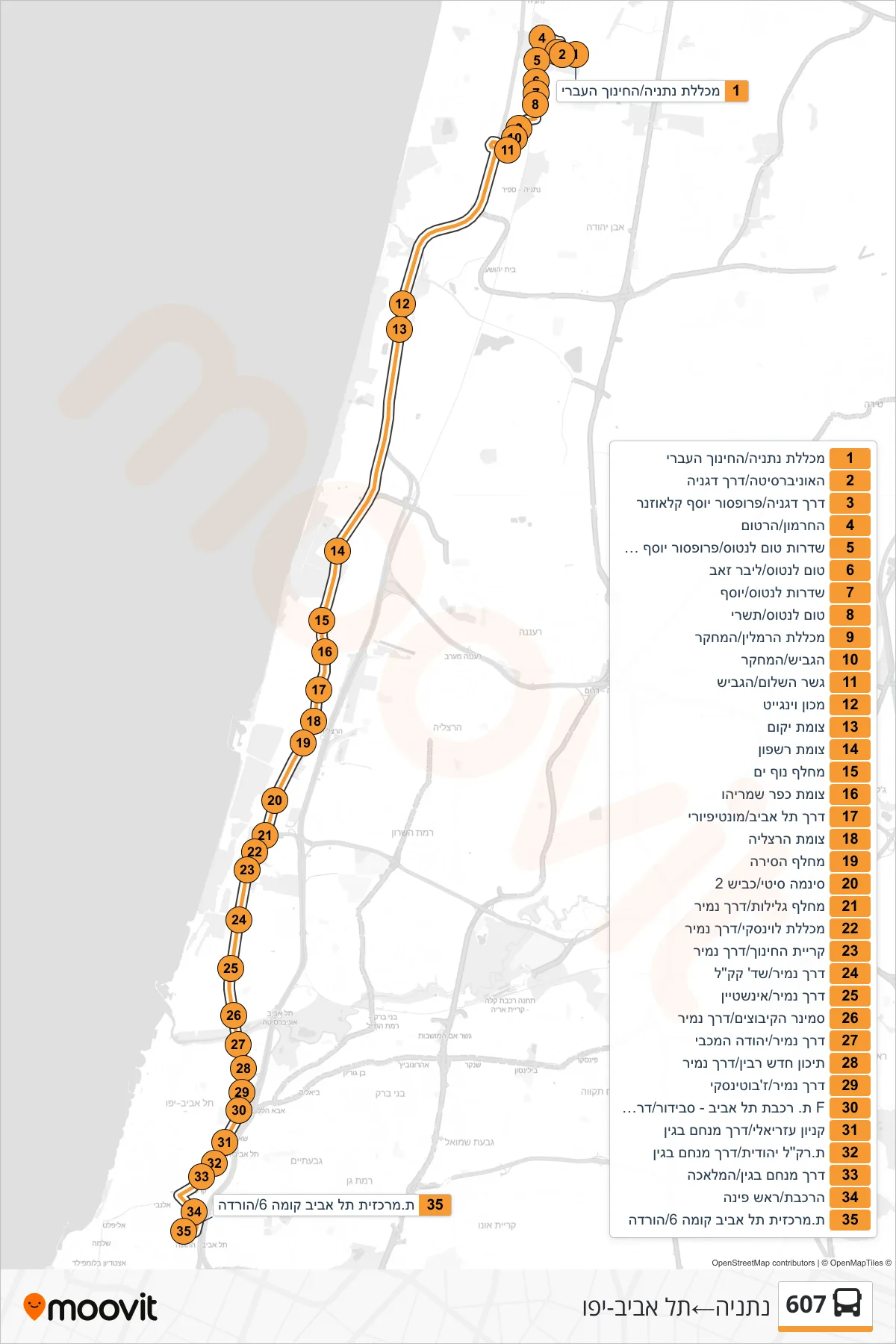 607 bus Line (Netanya‎→Tel Aviv-Yafo) route and stops on a map