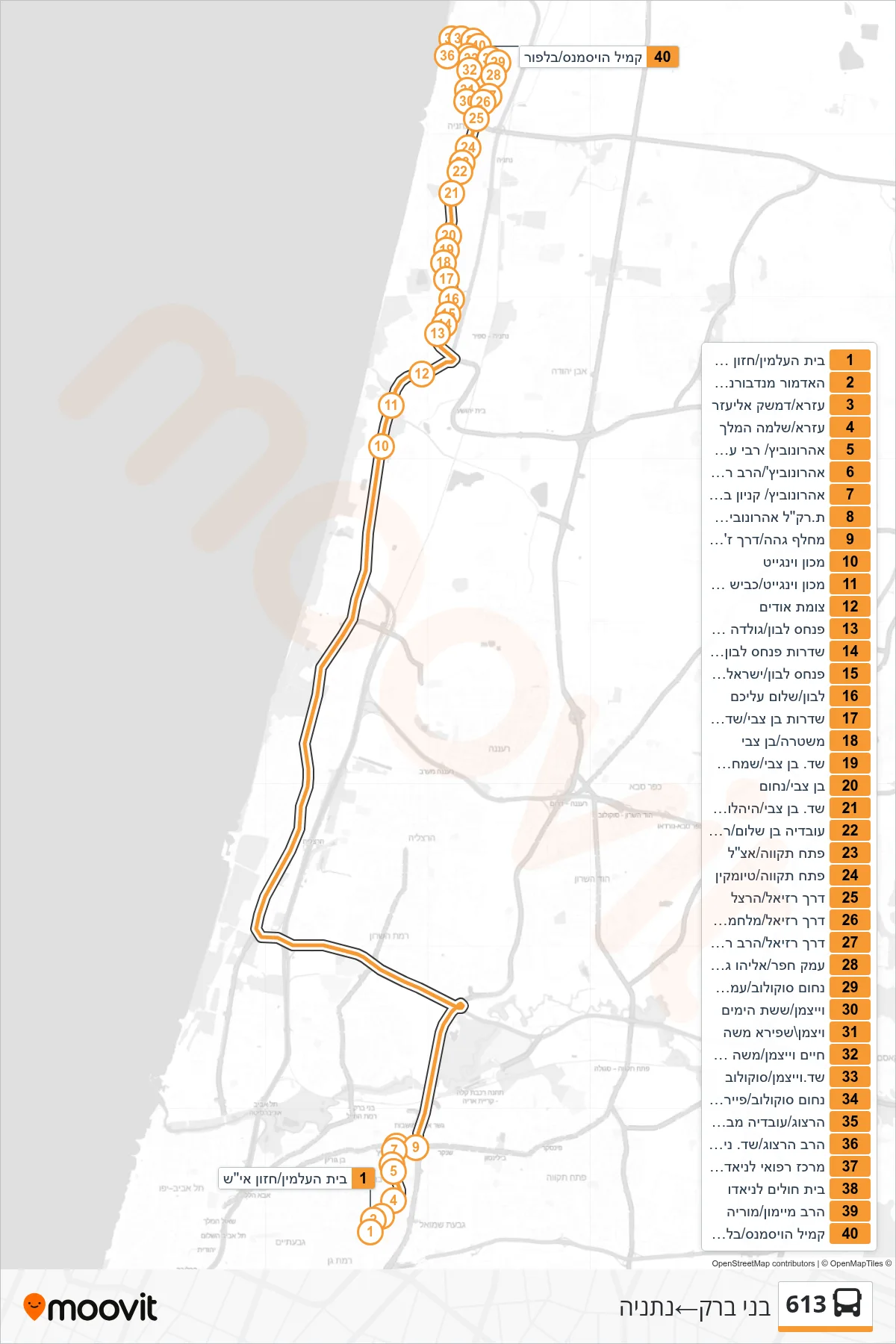 613  Line (Bnei Brak‎→Netanya) route and stops on a map