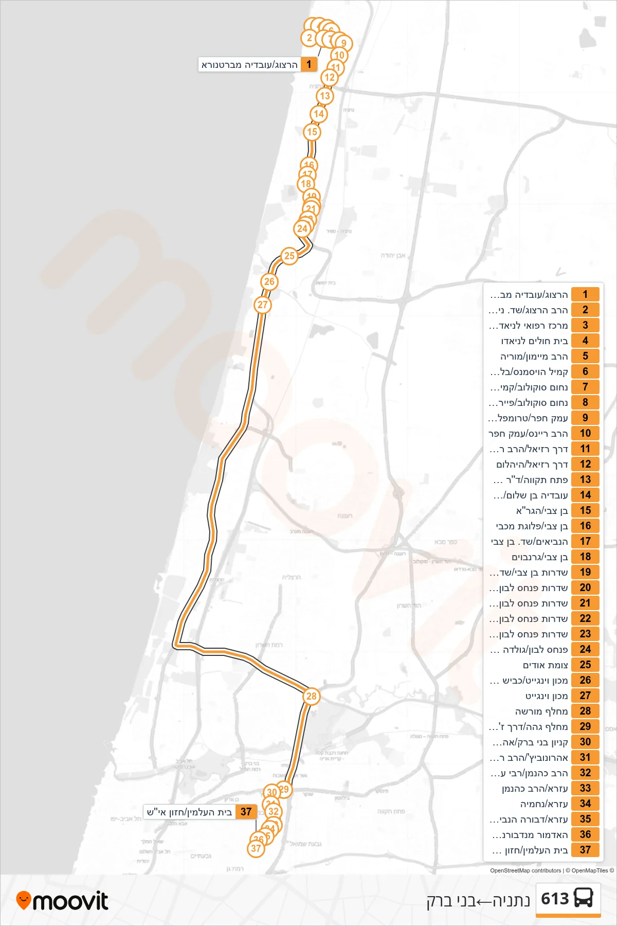 613 bus Line (Netanya‎→Bnei Brak) route and stops on a map