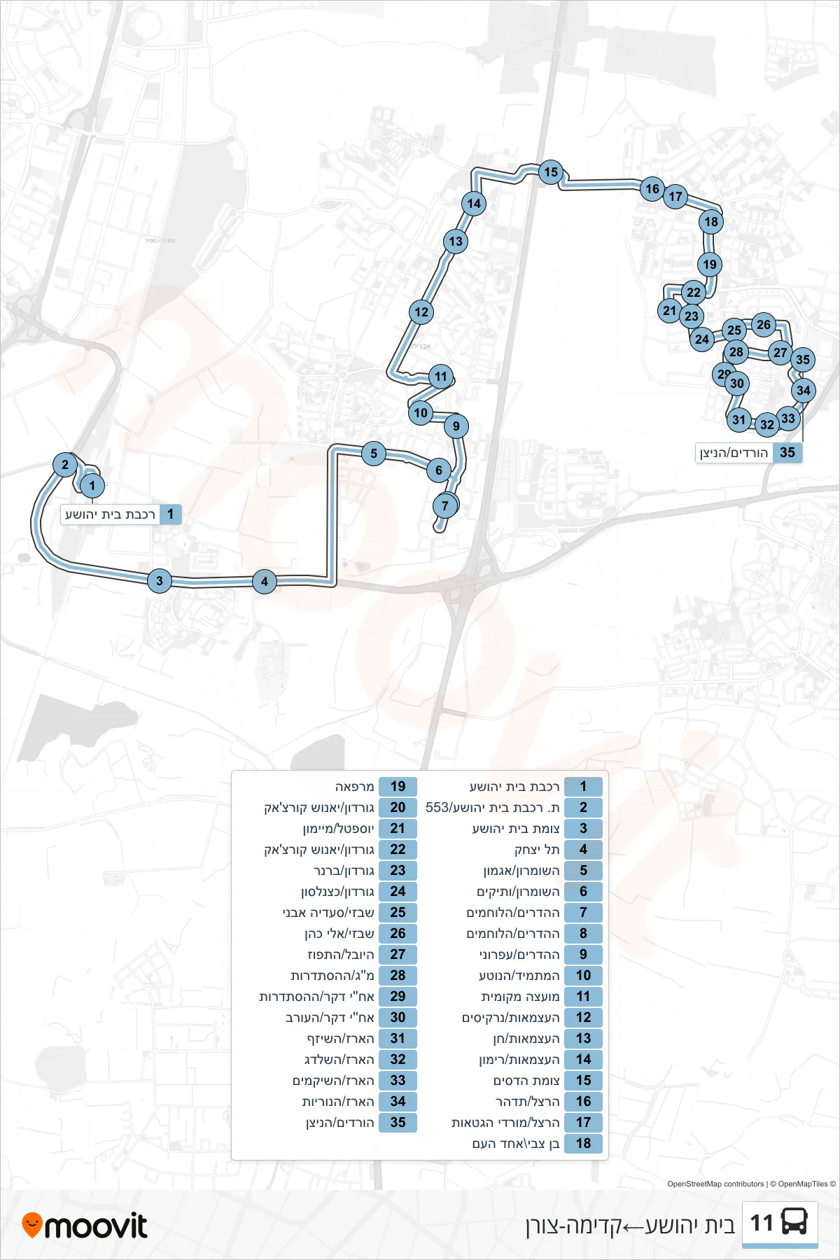 11 bus Line (Beit Yehoshua→Kadima-Tzoran) route and stops on a map