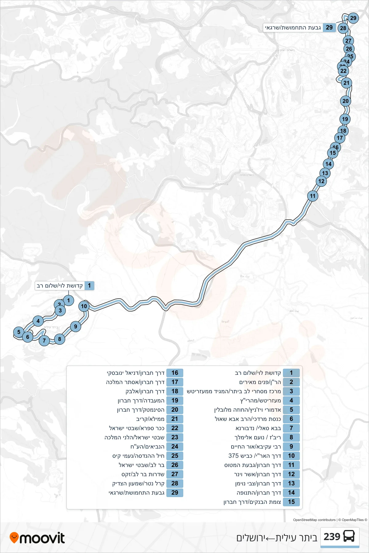 239 bus Line (Beitar Illit‎→Jerusalem) route and stops on a map