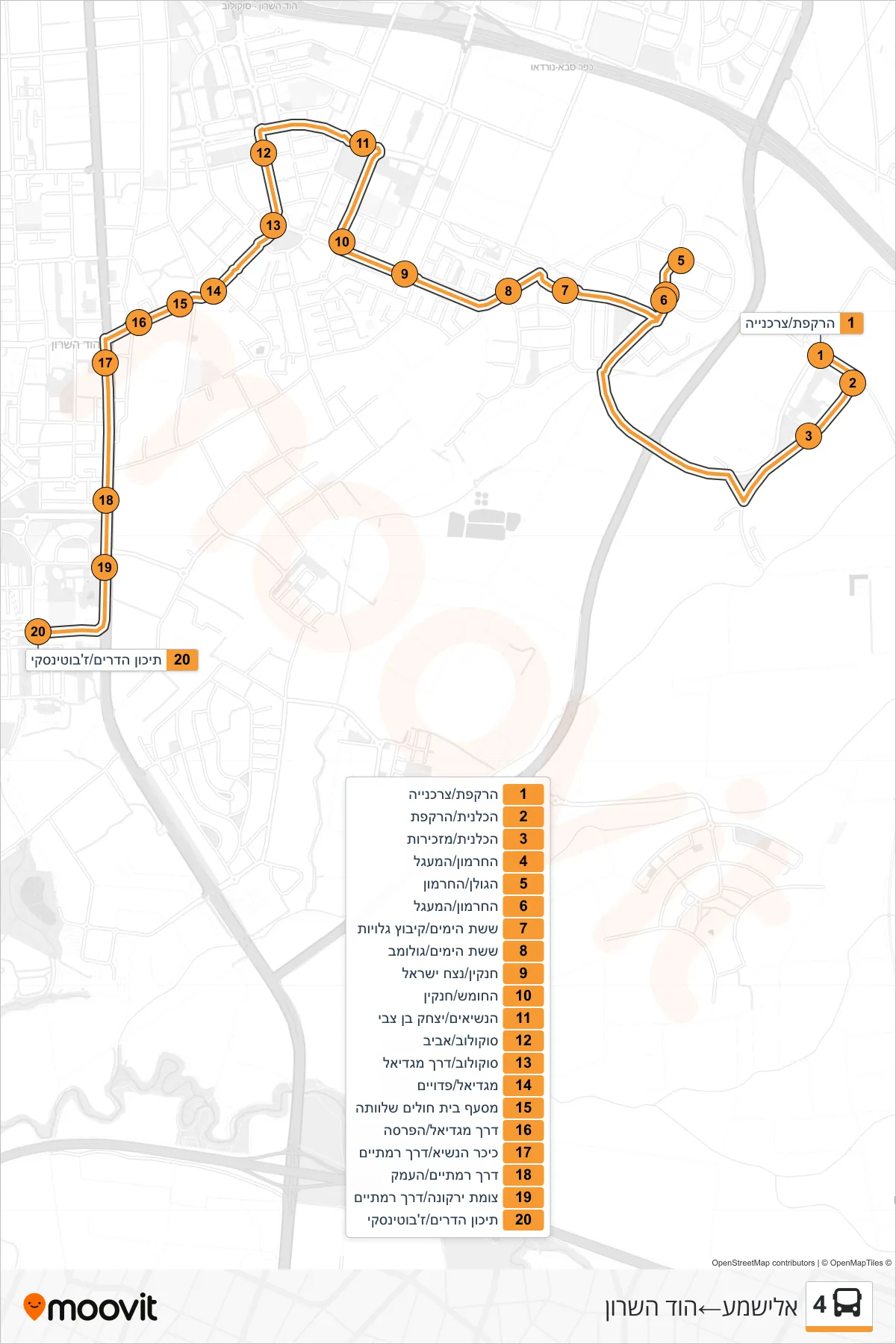 4 bus Line (Elishama‎→Hod HaSharon) route and stops on a map