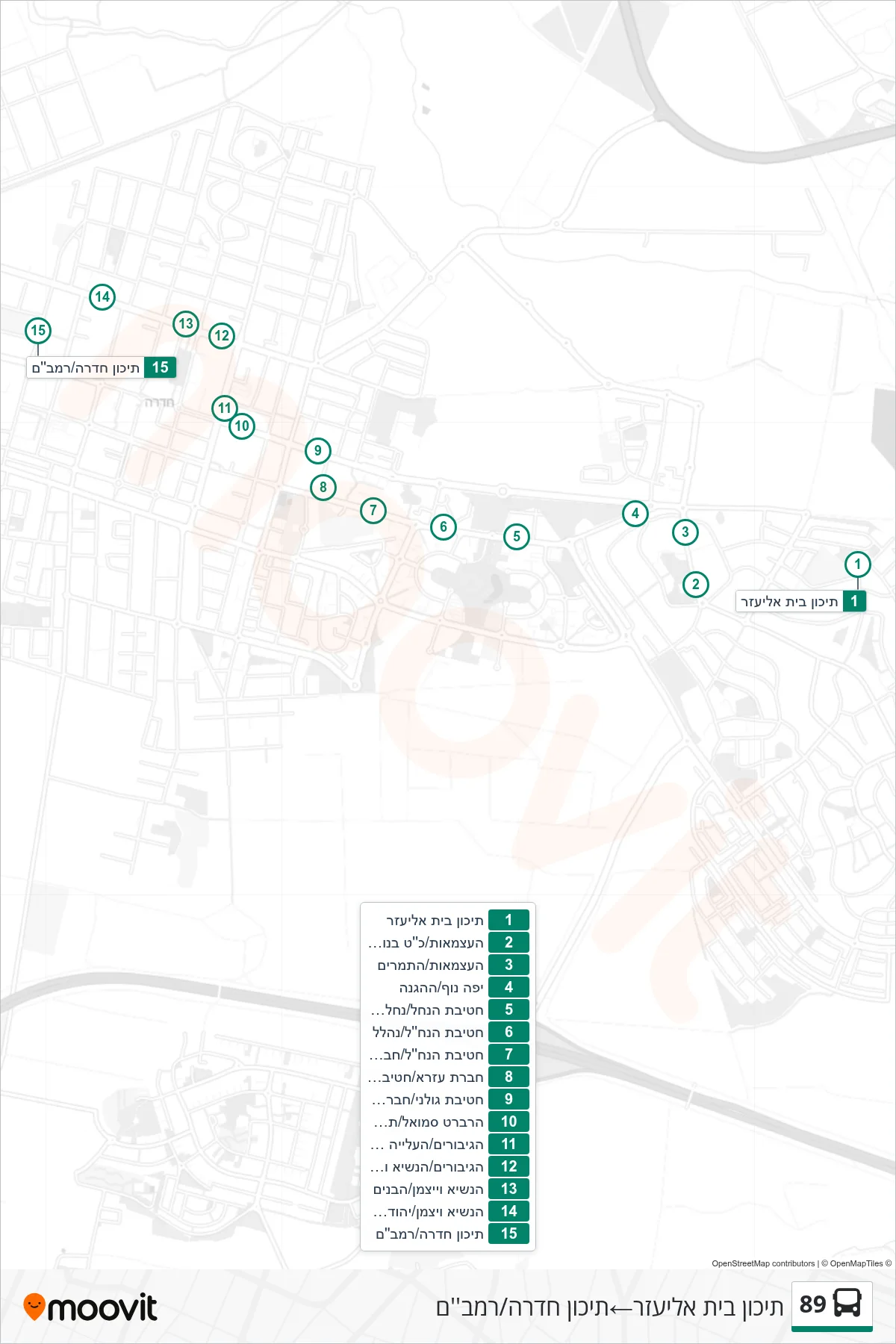 89  Line (Beit Eliezer High School‎→Hadera High School/Rambam) route and stops on a map
