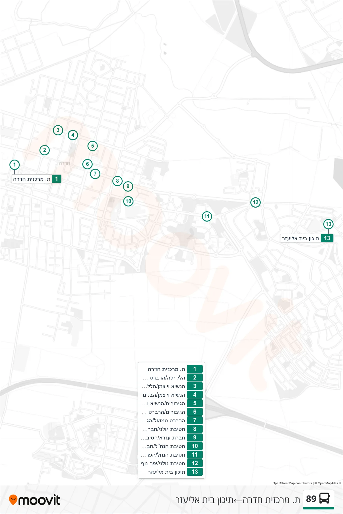 89 bus Line (Hadera Central Station‎→Beit Eliezer High School) route and stops on a map