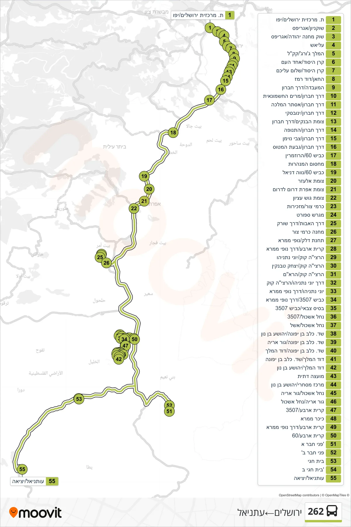 262 bus Line (Jerusalem‎→Otniel) route and stops on a map
