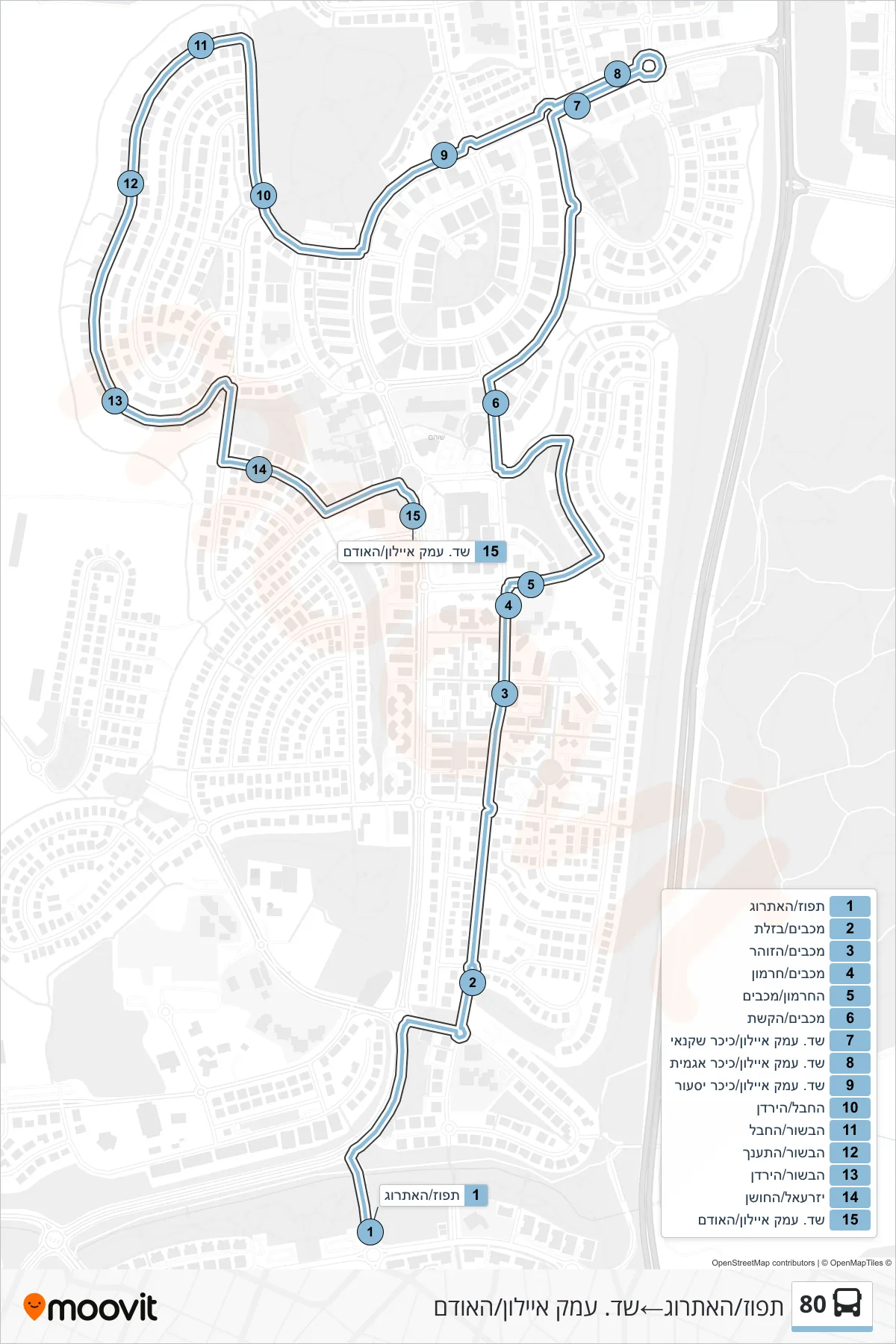 80 bus Line (Tapuz/HaEtrog‎→Emek Ayalon Blvd/HaOdem) route and stops on a map