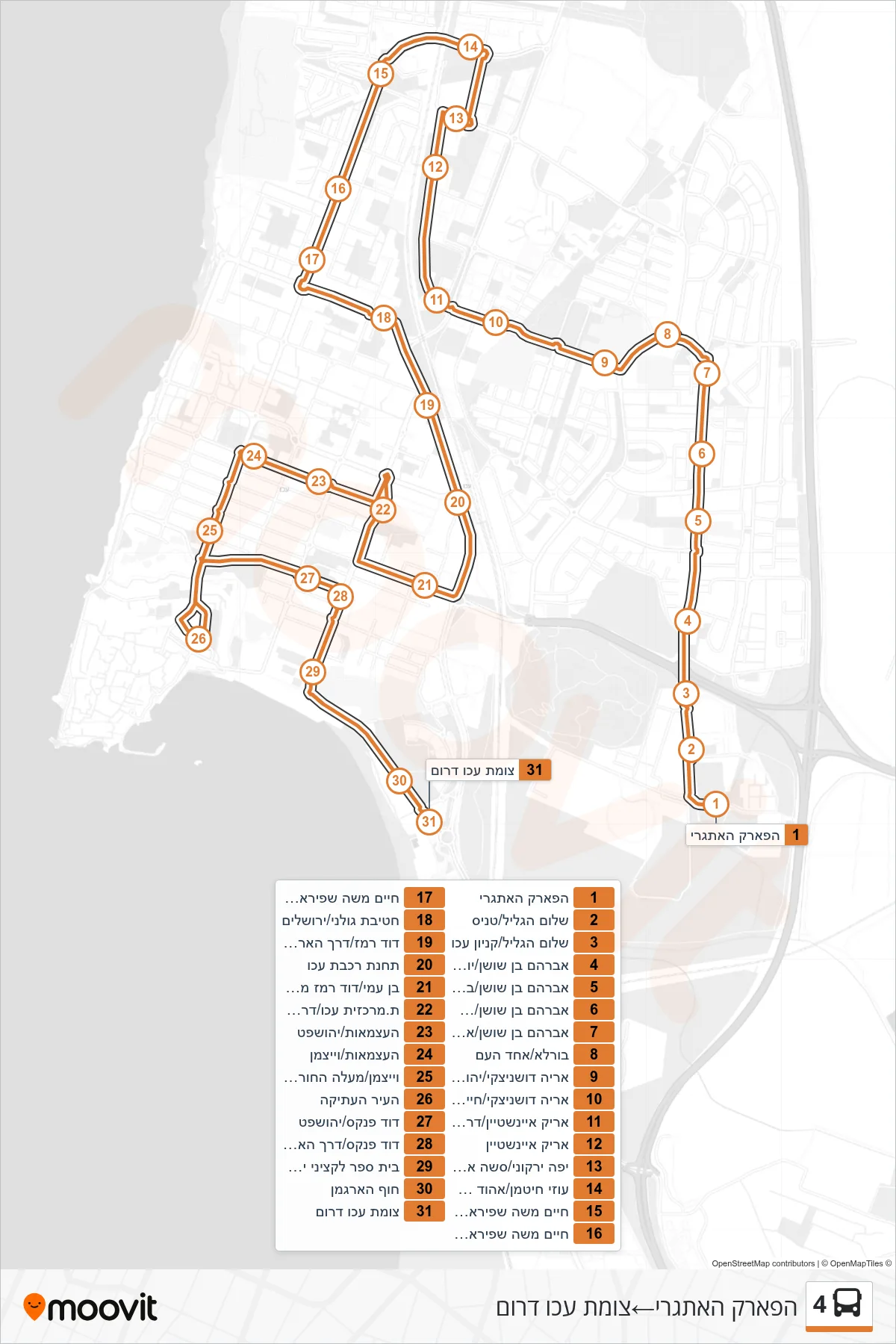 4 bus Line (Adventure Park‎→Acre South Junction) route and stops on a map