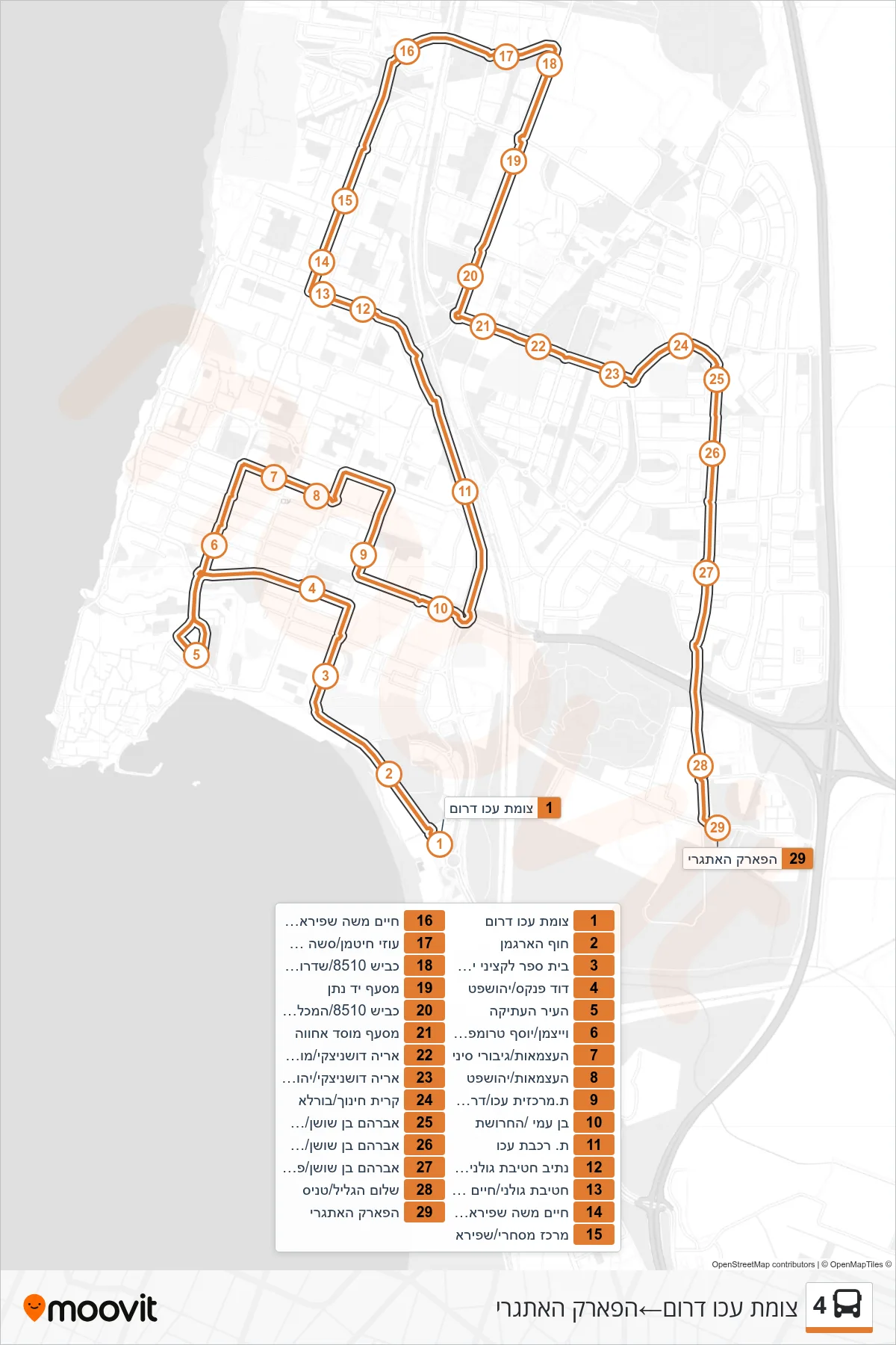 4 bus Line (Acre South Junction‎→Adventure Park) route and stops on a map