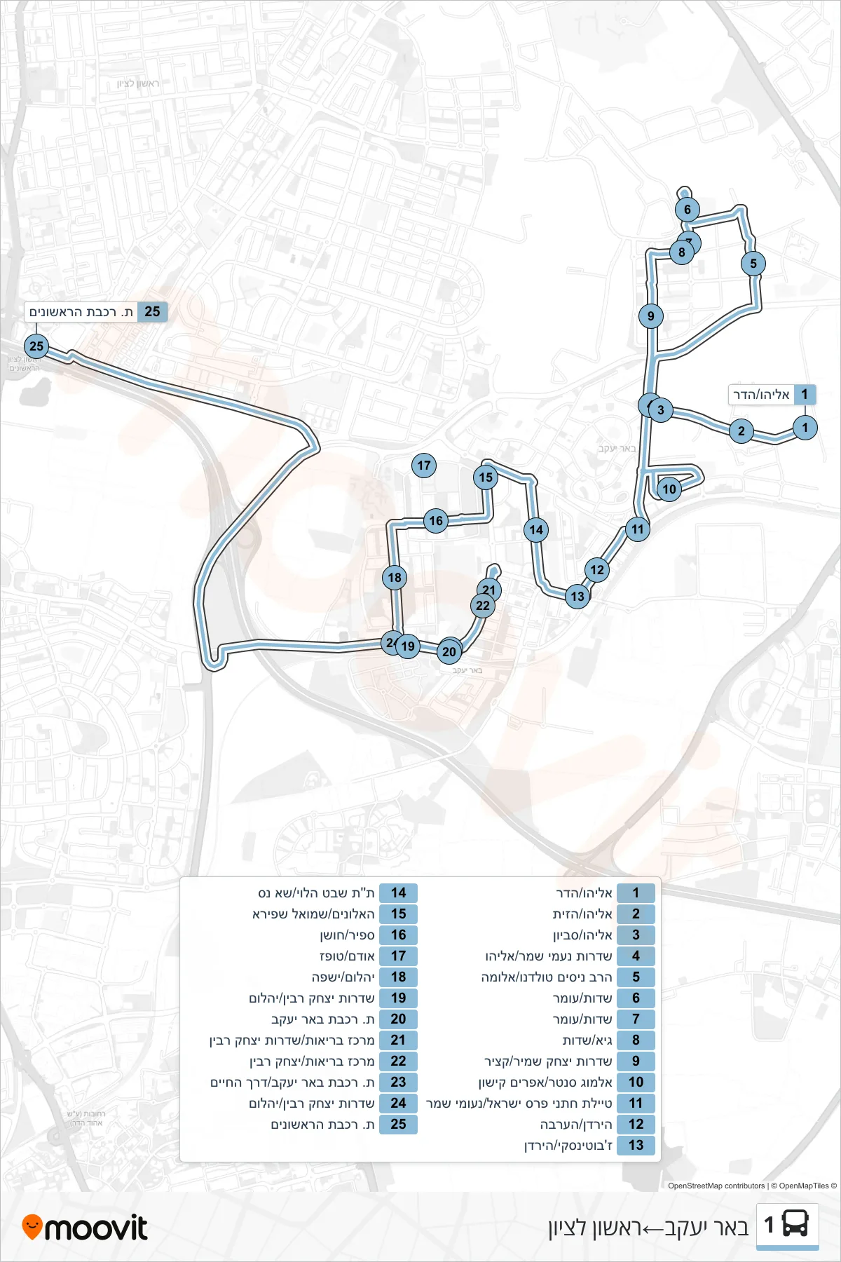 1 bus Line (Be'er Ya'akov‎→Rishon LeZion) route and stops on a map