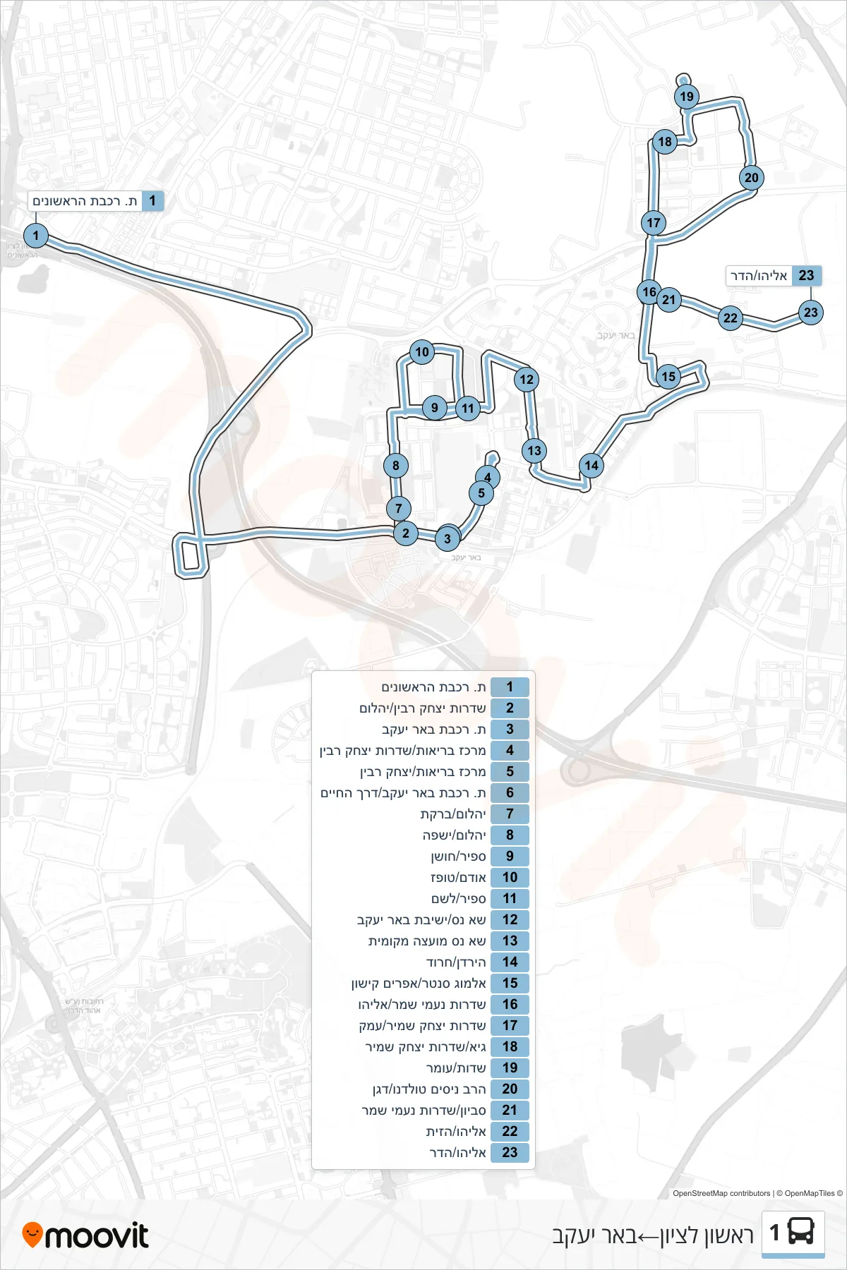 1 bus Line (Rishon LeZion‎→Be'er Ya'akov) route and stops on a map