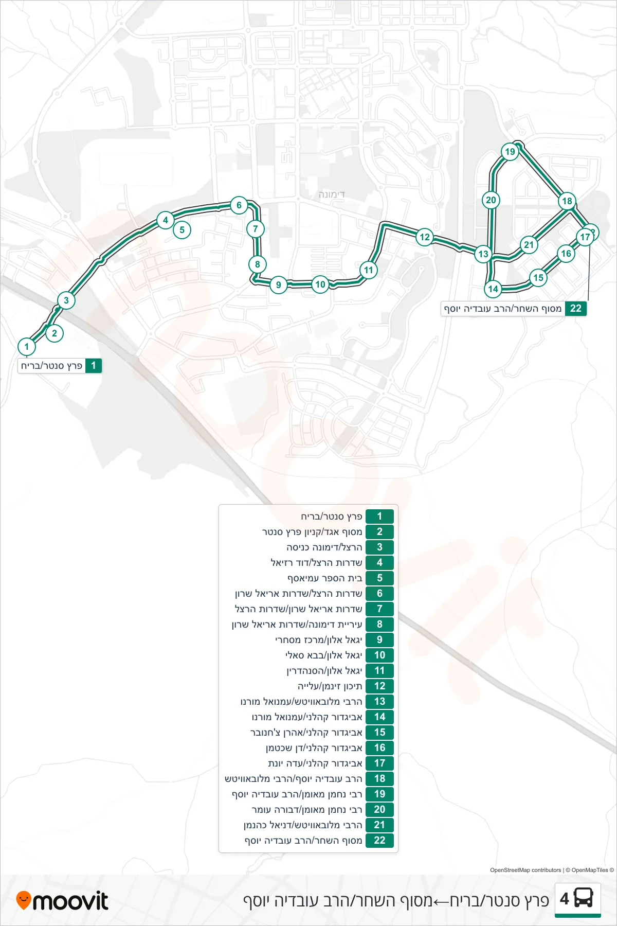 4 bus Line (Peretz Center/Briach‎→HaShachar Terminal/Rav Ovadia Yosef) route and stops on a map