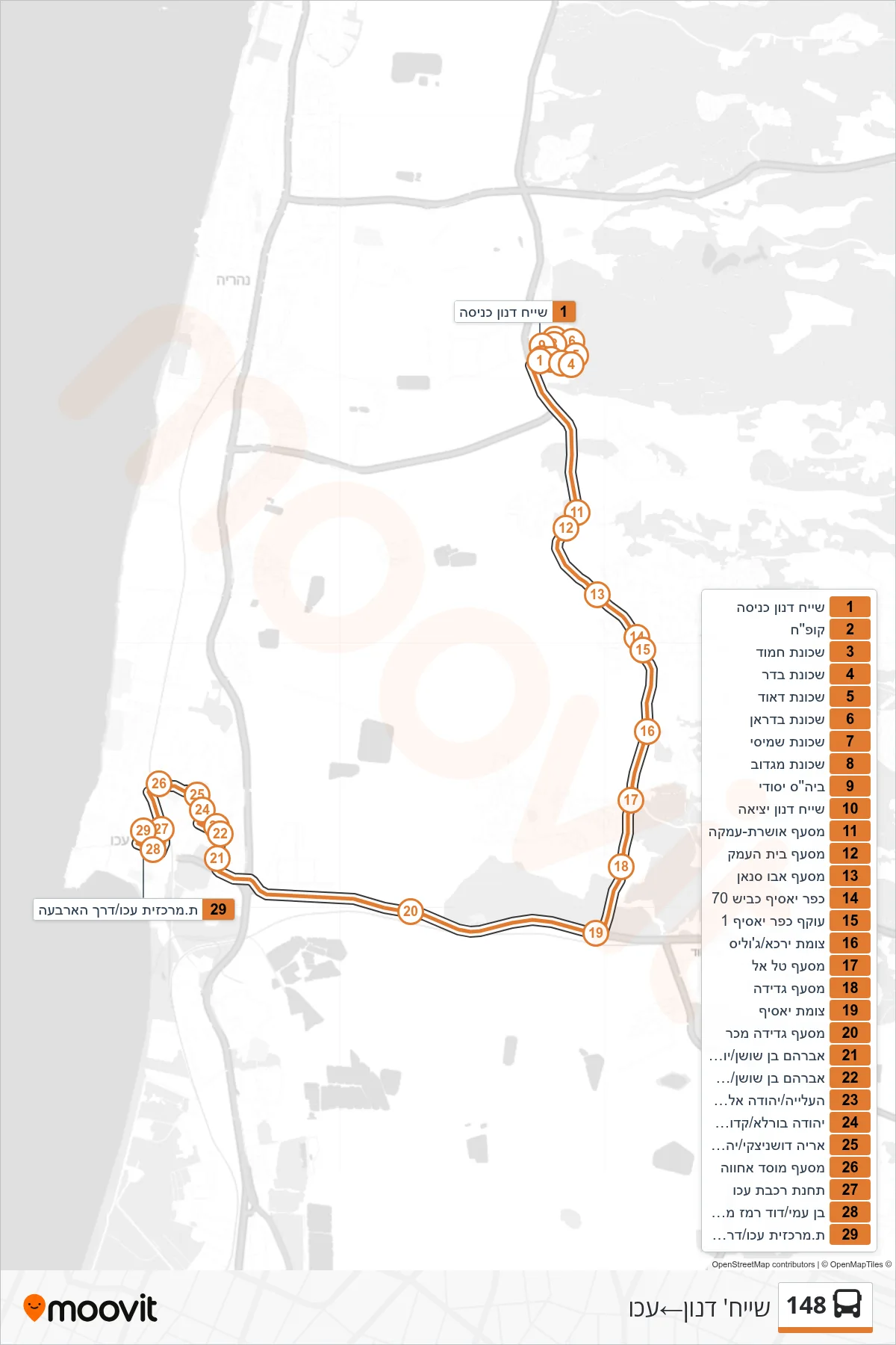 148 bus Line (Sheikh Danun‎→Acre) route and stops on a map