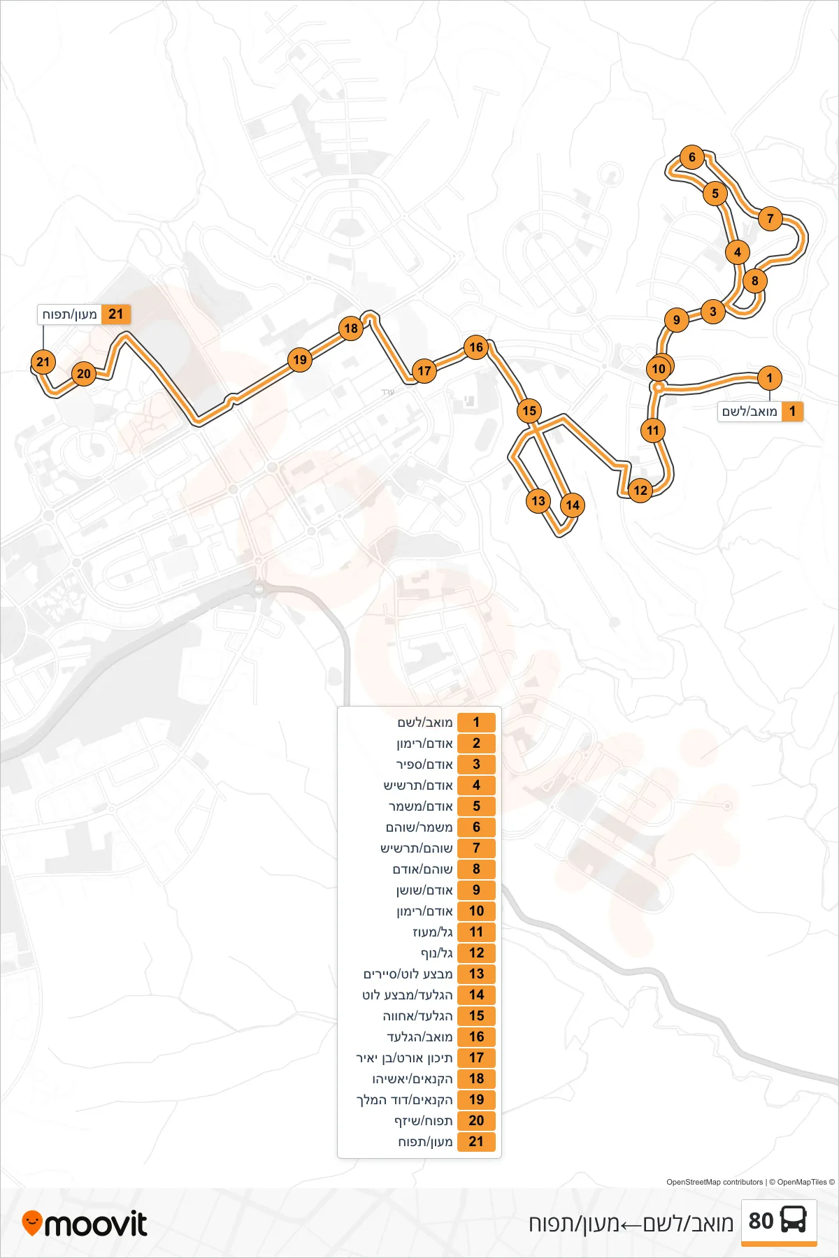 80 bus Line (Moav/Leshem→Maon/Tapuach) route and stops on a map