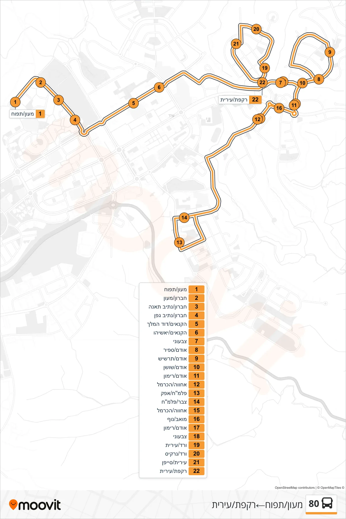 80 bus Line (Maon/Tapuach→Rakefet/Irit) route and stops on a map