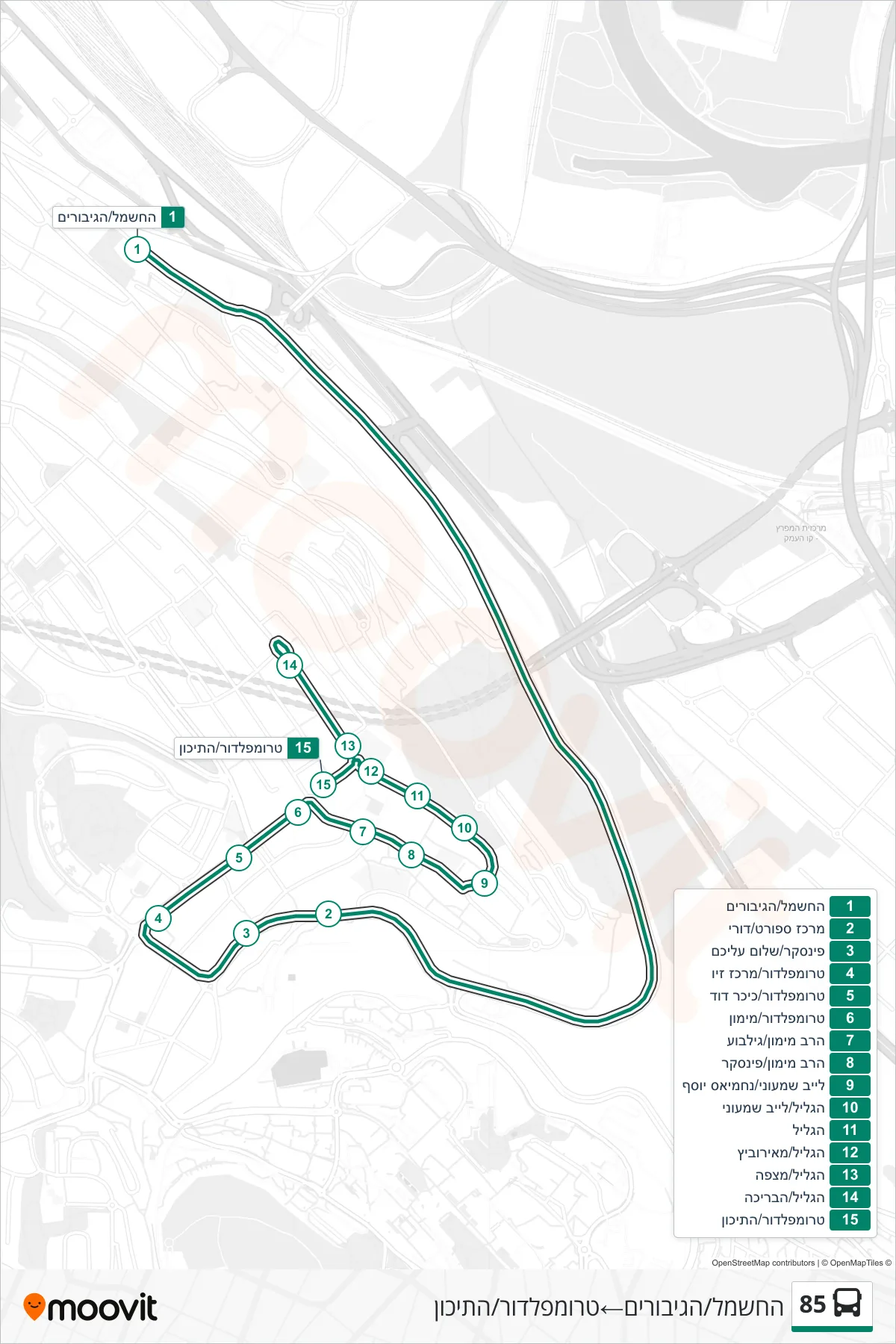 85 bus Line (HaChashmal/HaGiborim‎→Trumpeldor/HaTichon) route and stops on a map