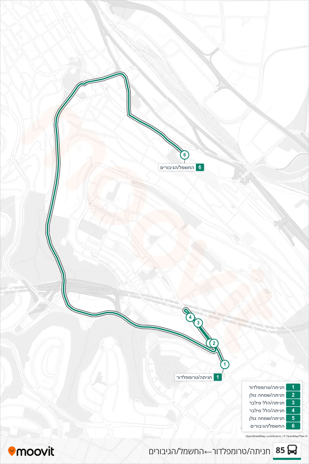 85 bus Line (Hanita/Trumpeldor‎→HaChashmal/HaGiborim) route and stops on a map