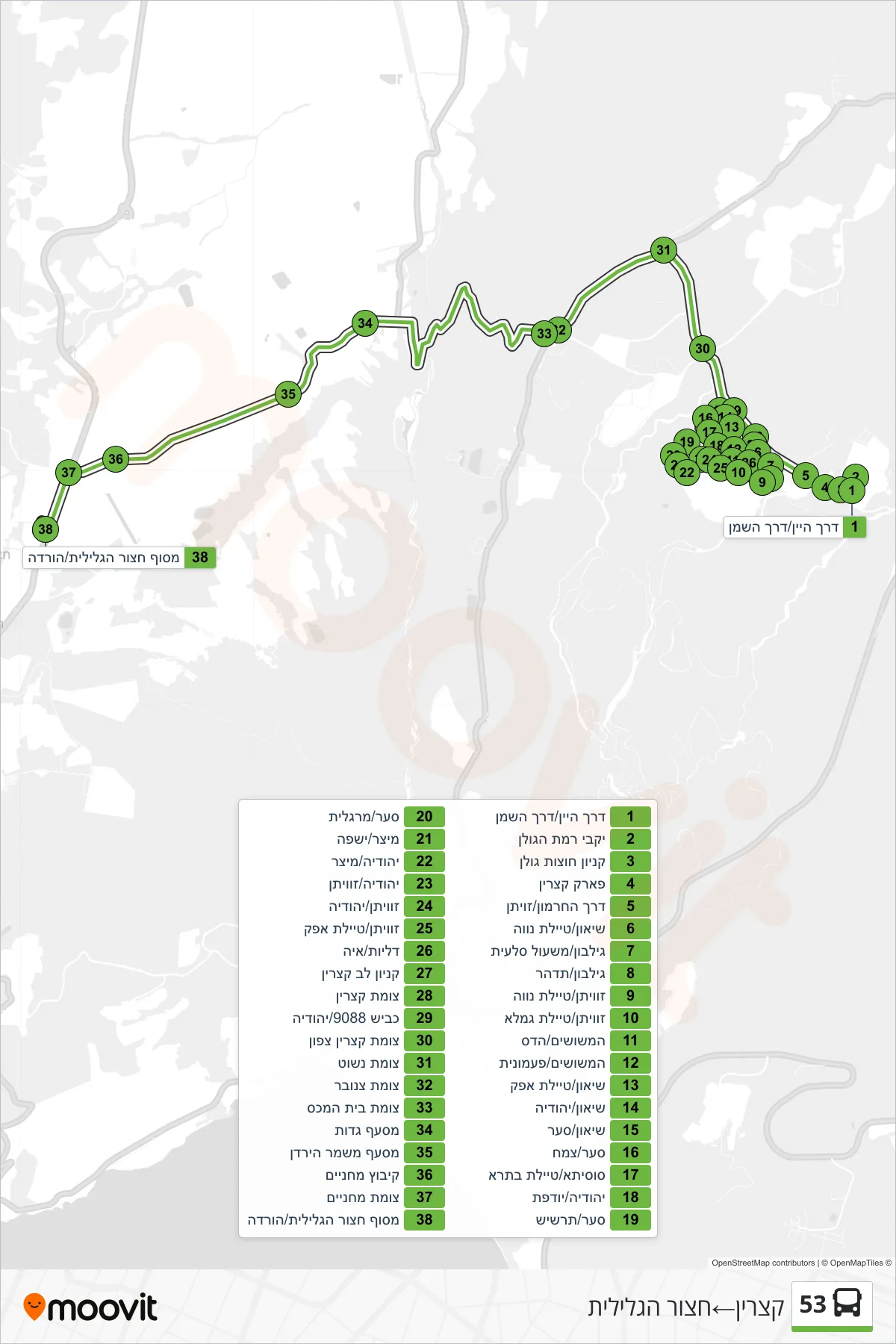 53 bus Line (Katzrin‎→Hatzor HaGlilit) route and stops on a map
