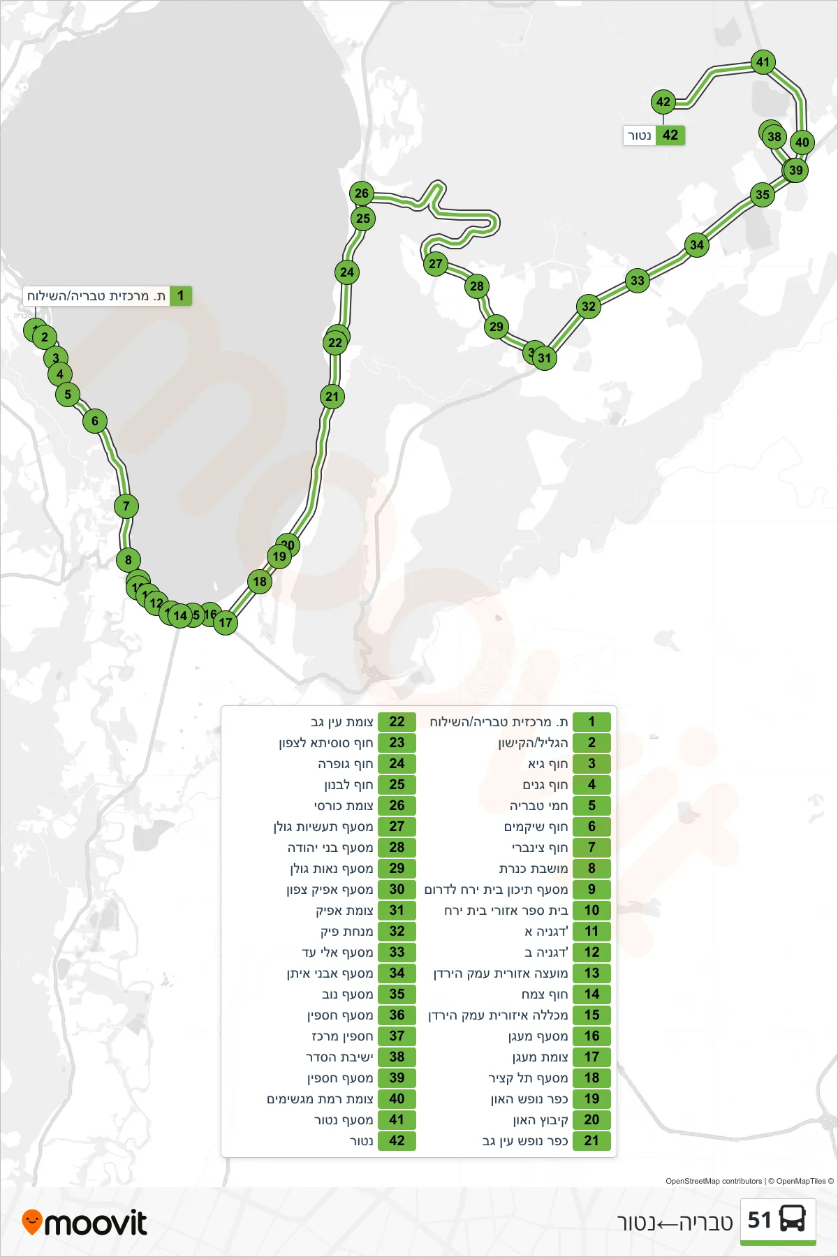51 Line (Tiberias→Natur) route and stops on a map