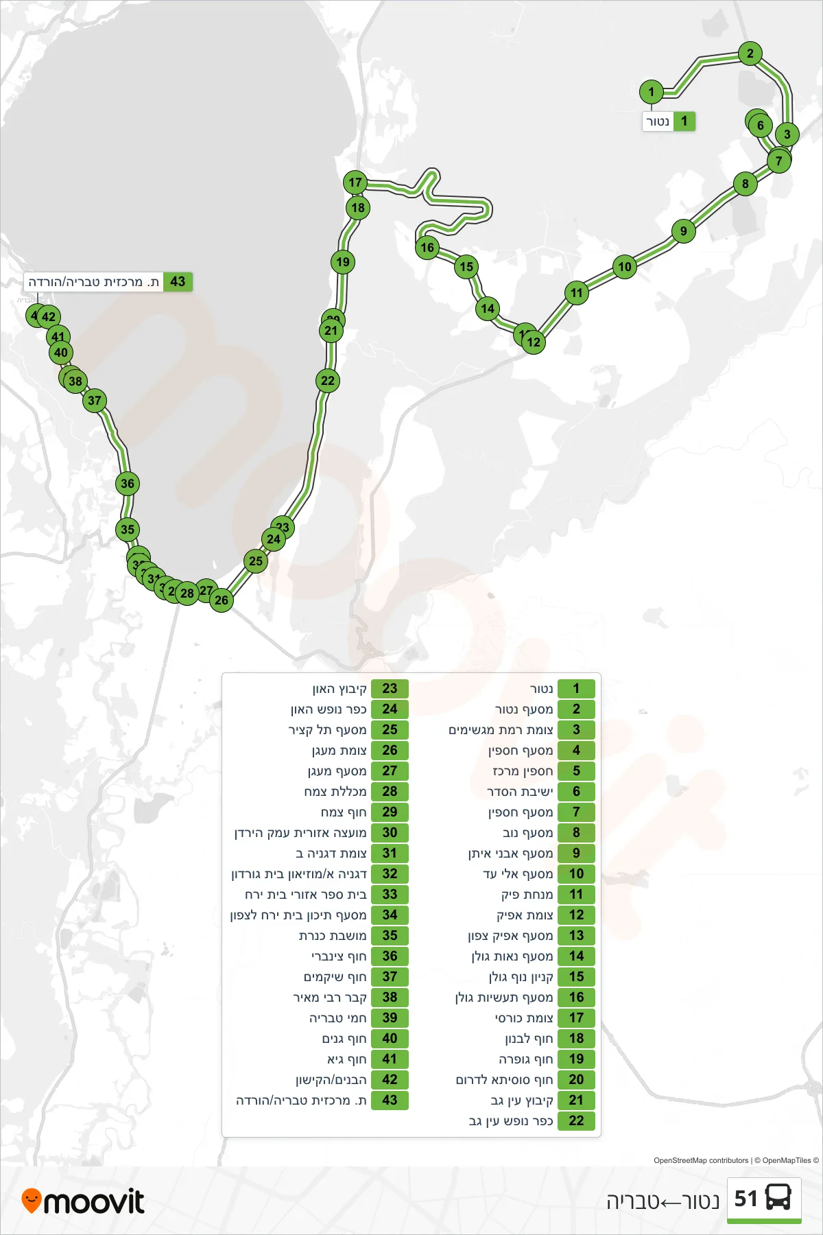 51 bus Line (Natur‎→Tiberias) route and stops on a map