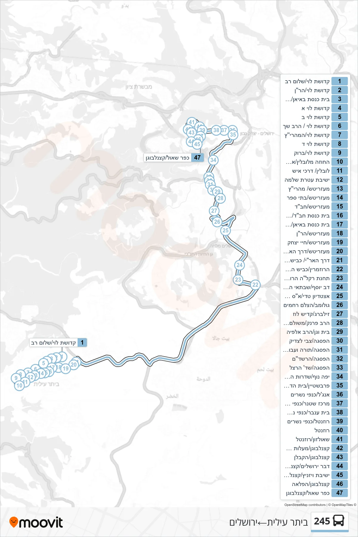 245 bus Line (Beitar Illit‎→Jerusalem) route and stops on a map