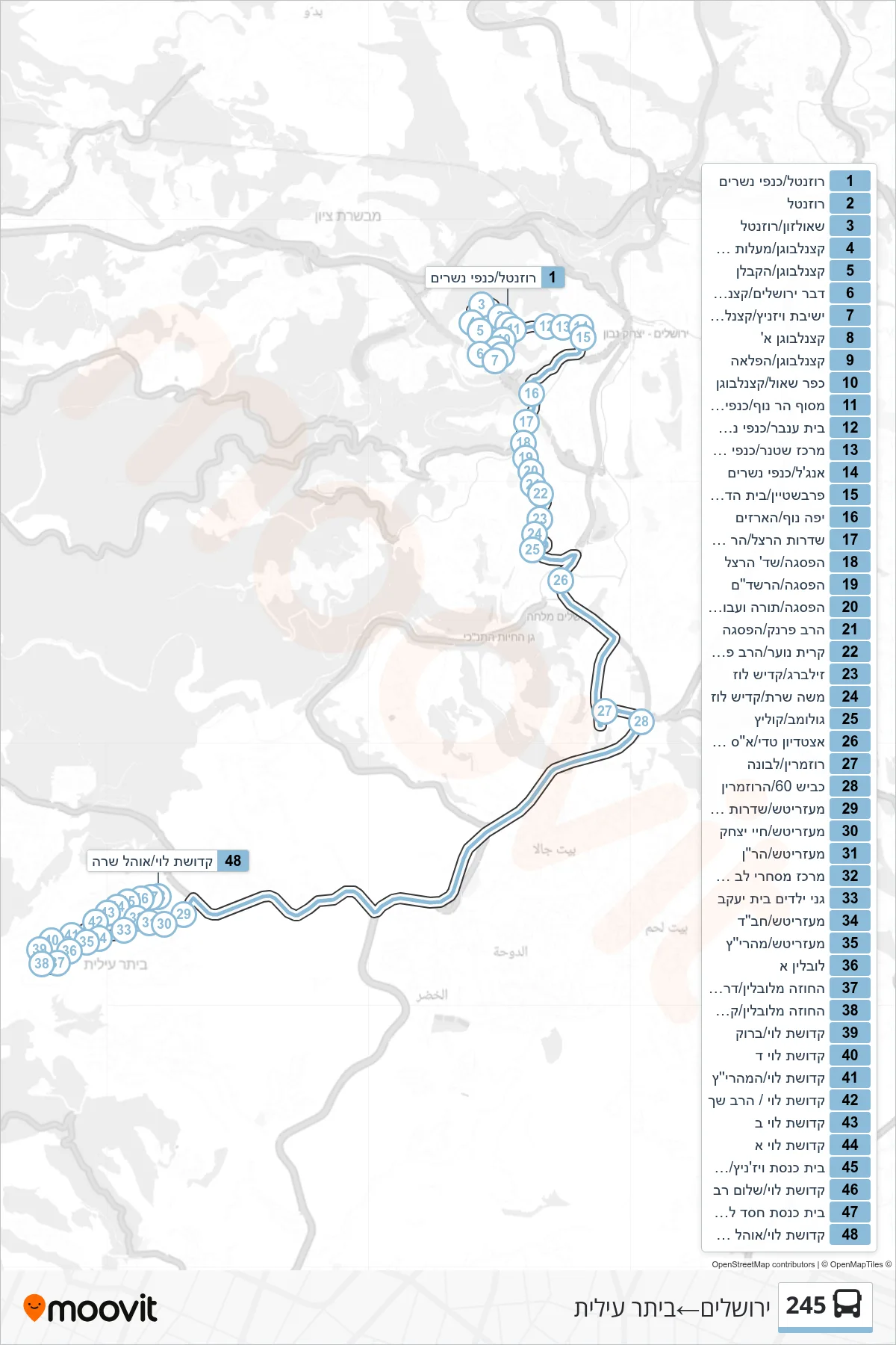 245 bus Line (Jerusalem‎→Beitar Illit) route and stops on a map