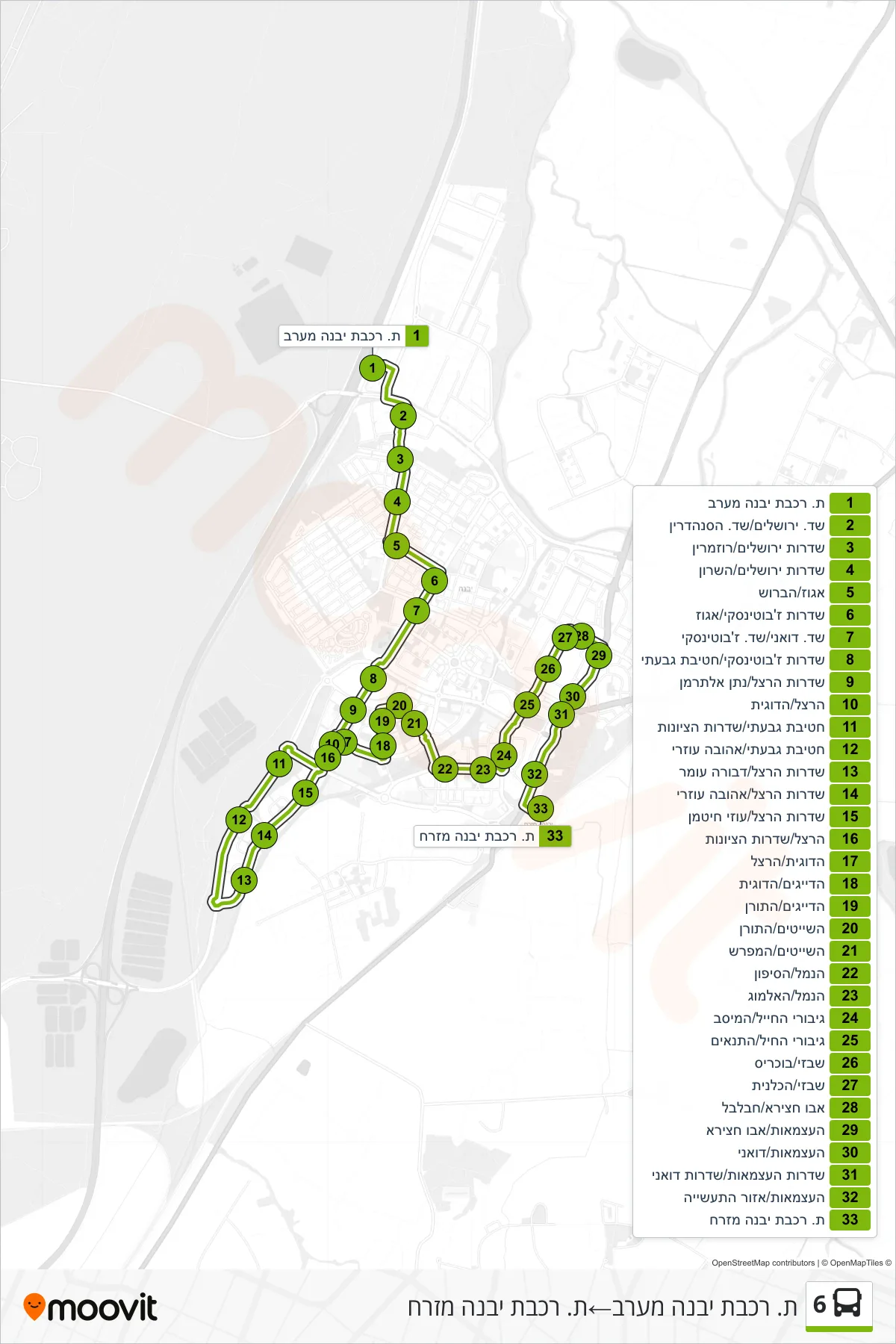 6 bus Line (Yavne West Railway Station→Yavne East Railway Station) route and stops on a map