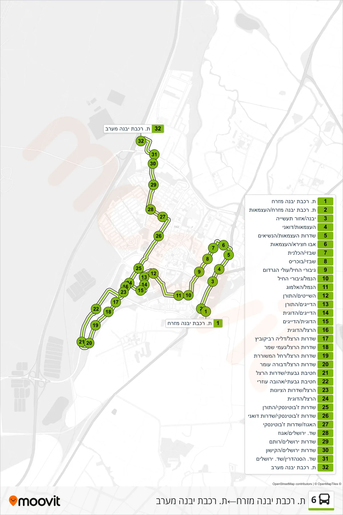 6 bus Line (Yavne East Railway Station→Yavne West Railway Station) route and stops on a map
