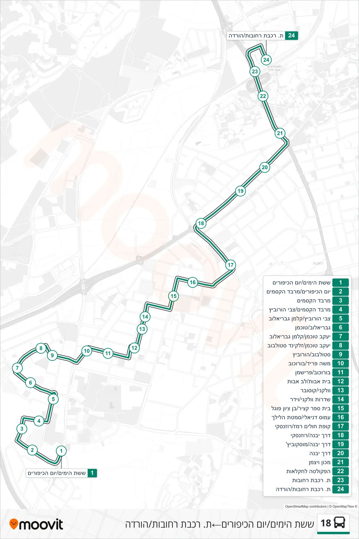 18 bus Line (Sheshet HaYamim/Yom HaKippurim‎→Rehovot Railway Station/Drop-off) route and stops on a map