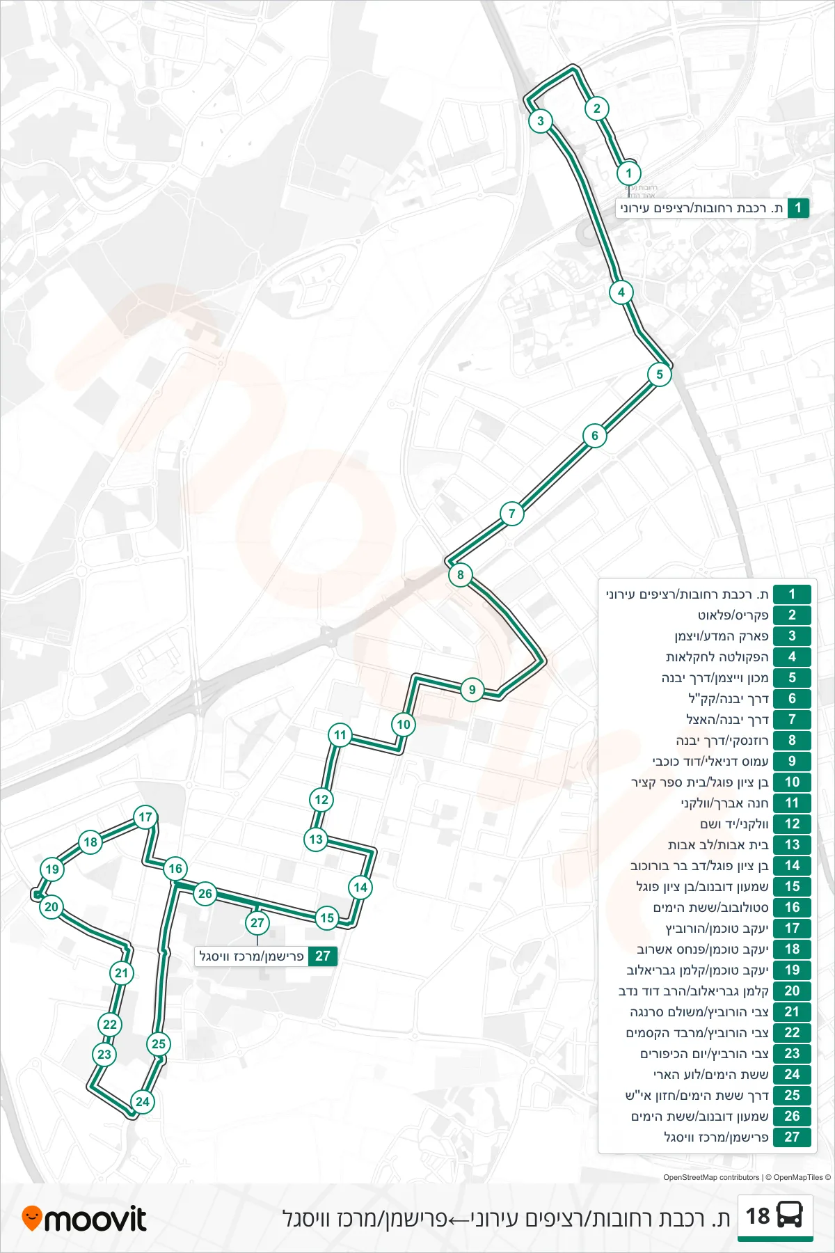 18 bus Line (Rehovot Railway Station/Urban Platforms‎→Frishman/Weissgal Center) route and stops on a map