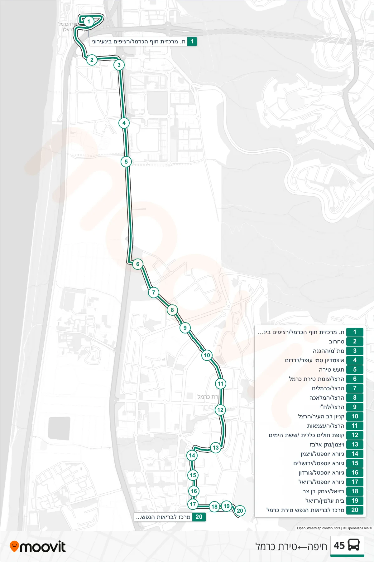 45  Line (Haifa‎→Tirat Carmel) route and stops on a map
