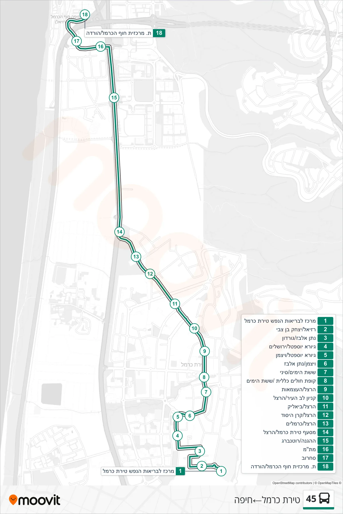 45 bus Line (Tirat Carmel‎→Haifa) route and stops on a map