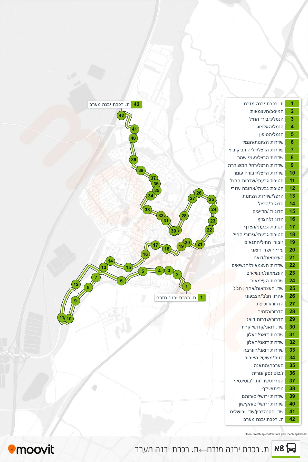 8A bus Line (Yavne East Railway Station‎→Yavne West Railway Station) route and stops on a map