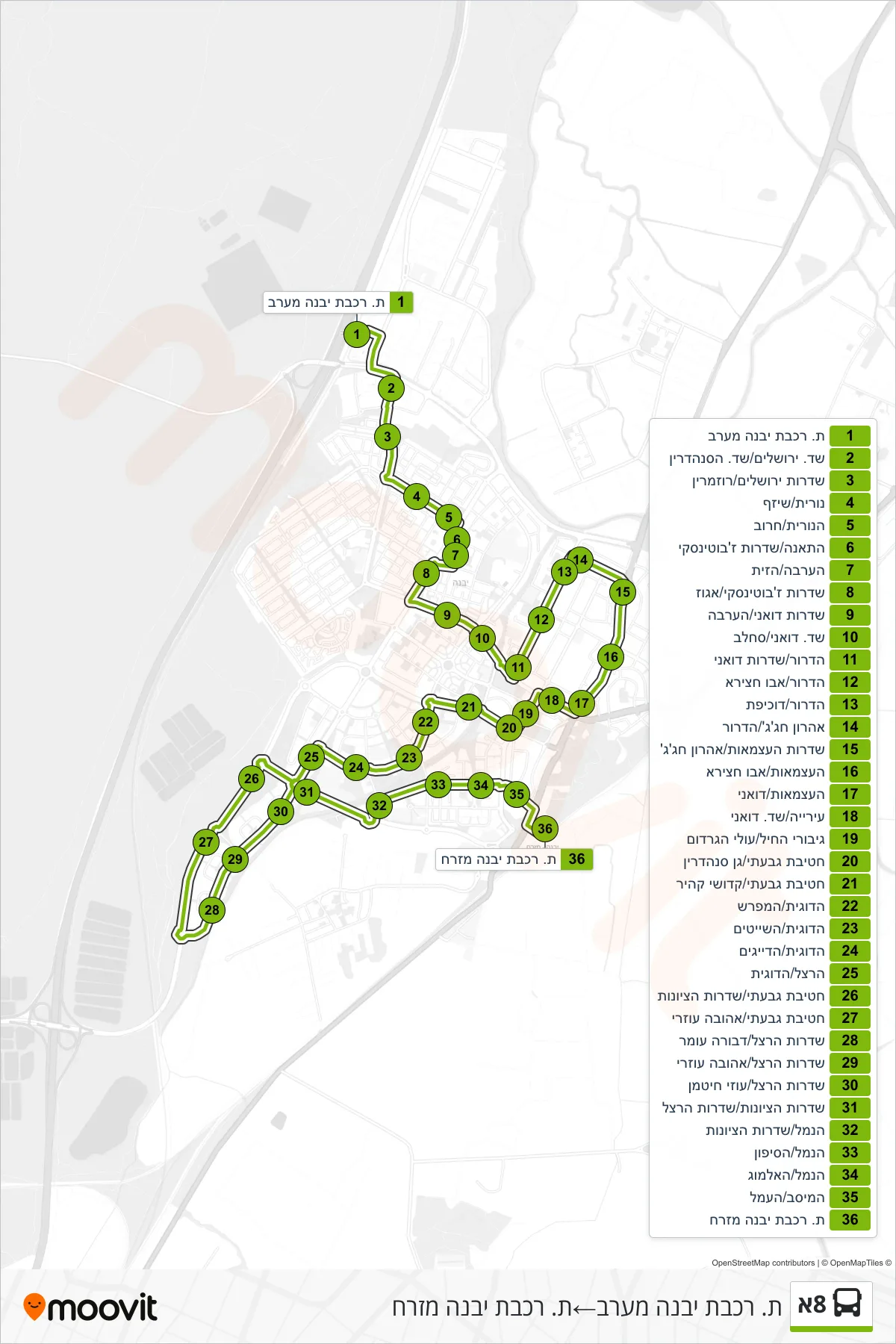 8A bus Line (Yavne West Railway Station‎→Yavne East Railway Station) route and stops on a map