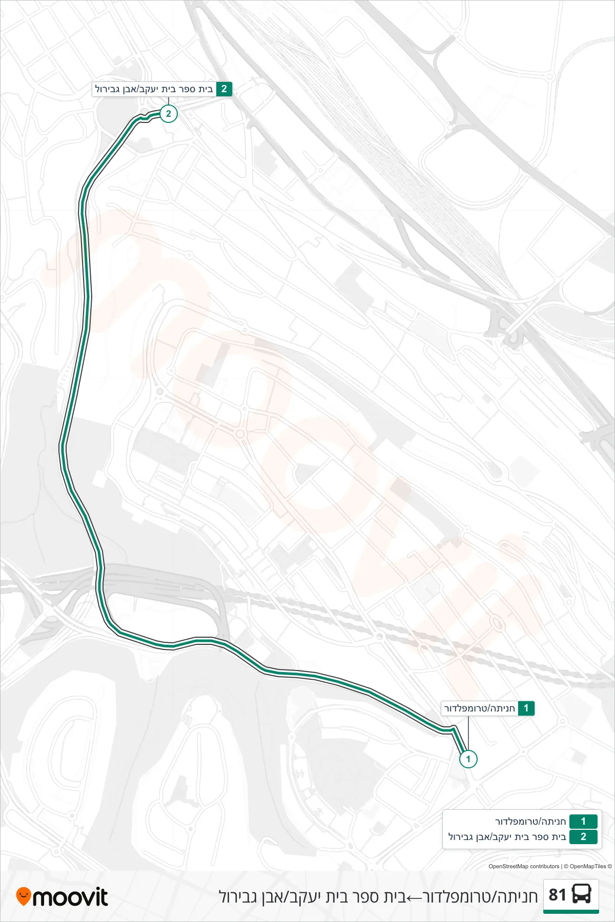 81 bus Line (Hanita/Trumpeldor→Beit Yaakov School/Ibn Gabirol) route and stops on a map