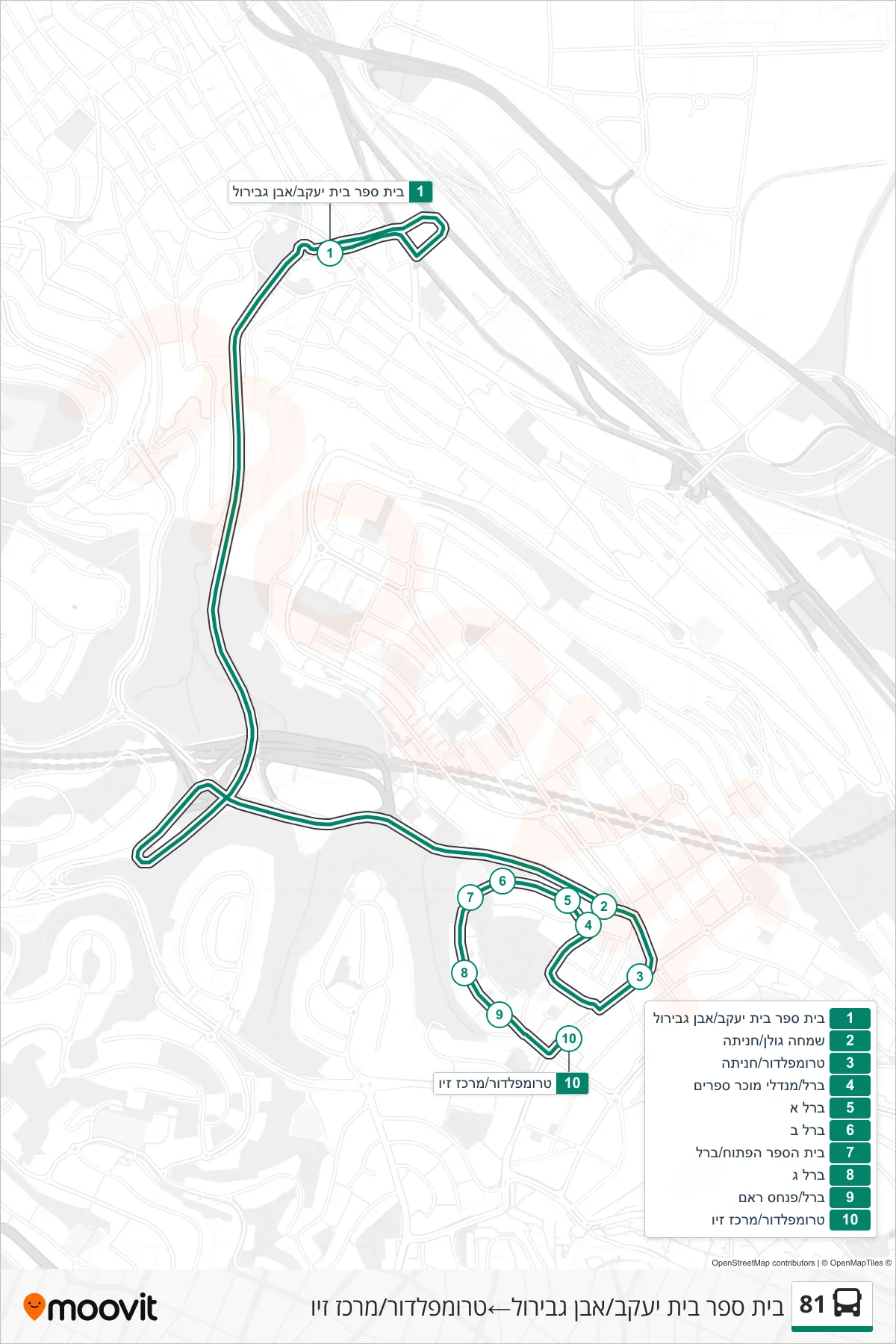 81 bus Line (Beit Yaakov School/Ibn Gabirol‎→Trumpeldor/Ziv Center) route and stops on a map