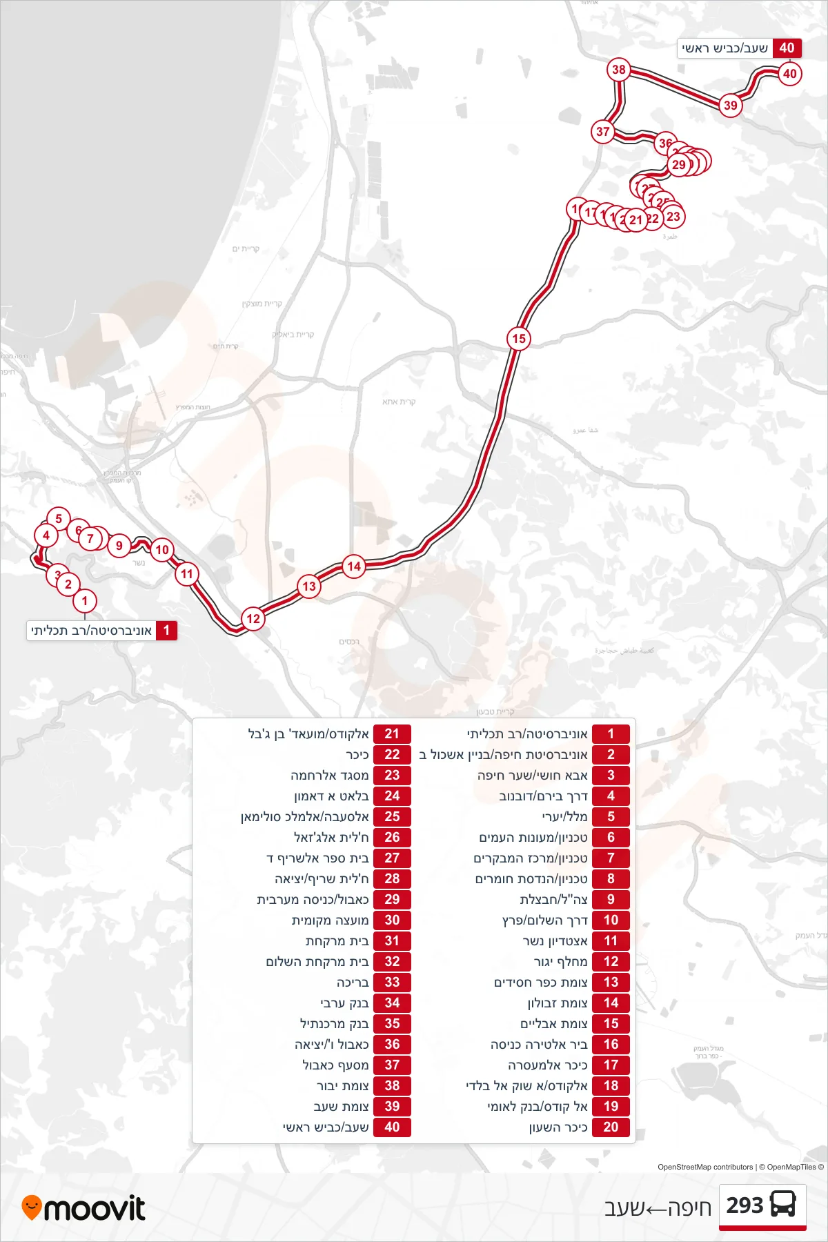 293 bus Line (Haifa‎→Sha'ab) route and stops on a map