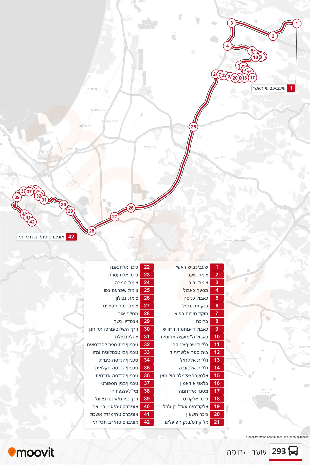293  Line (Sha'ab‎→Haifa) route and stops on a map