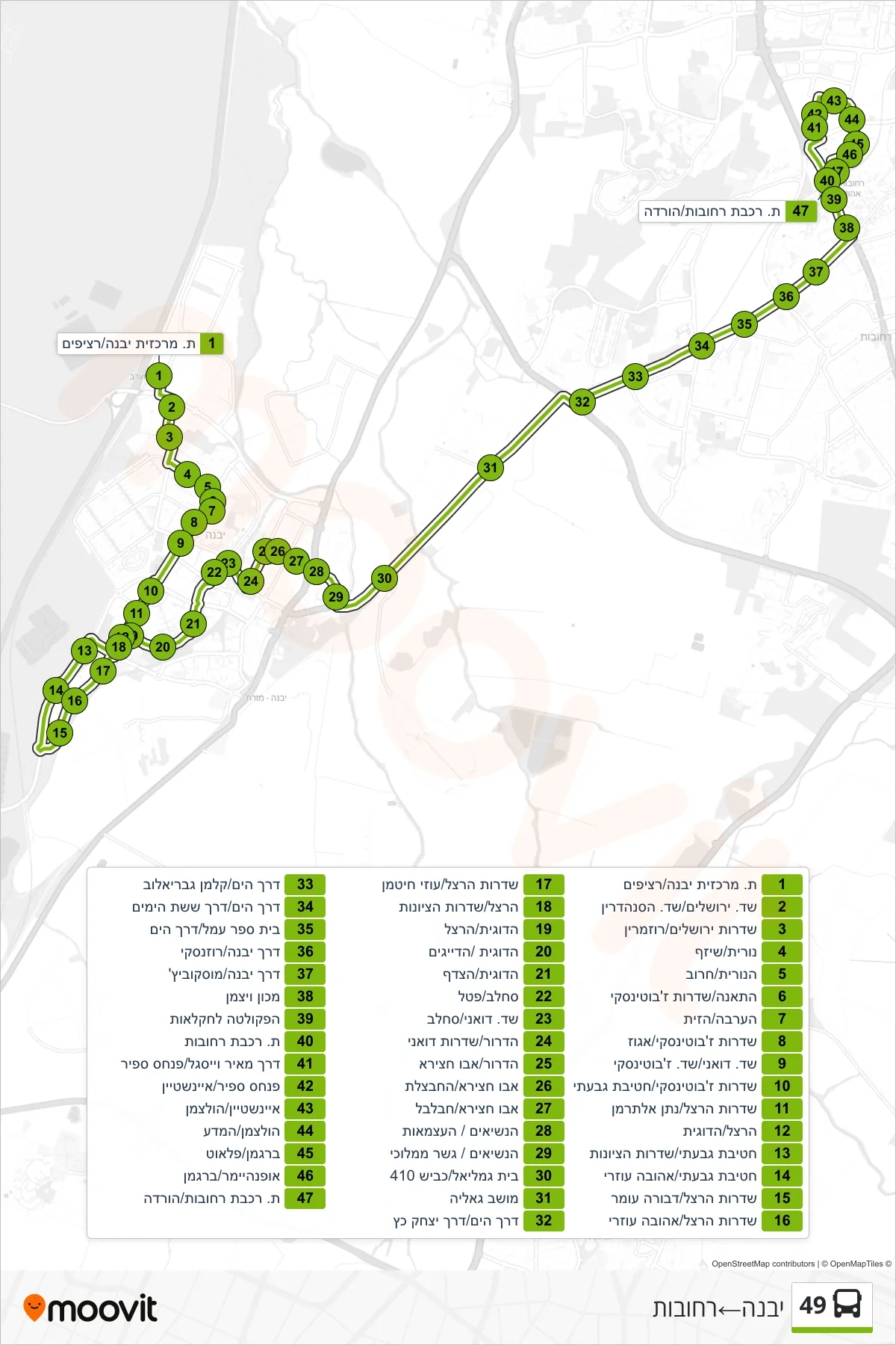 49 bus Line (Yavne‎→Rehovot) route and stops on a map